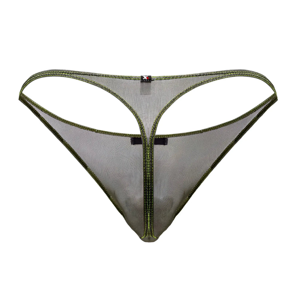Xtremen 91189 green tulle mesh thong for men with olive green mesh material matching stitching and black label