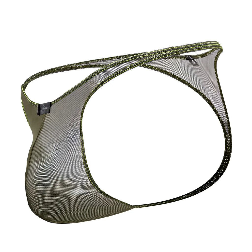Xtremen 91189 olive green tulle mesh thong with reinforced stitching and a small brand tag visible