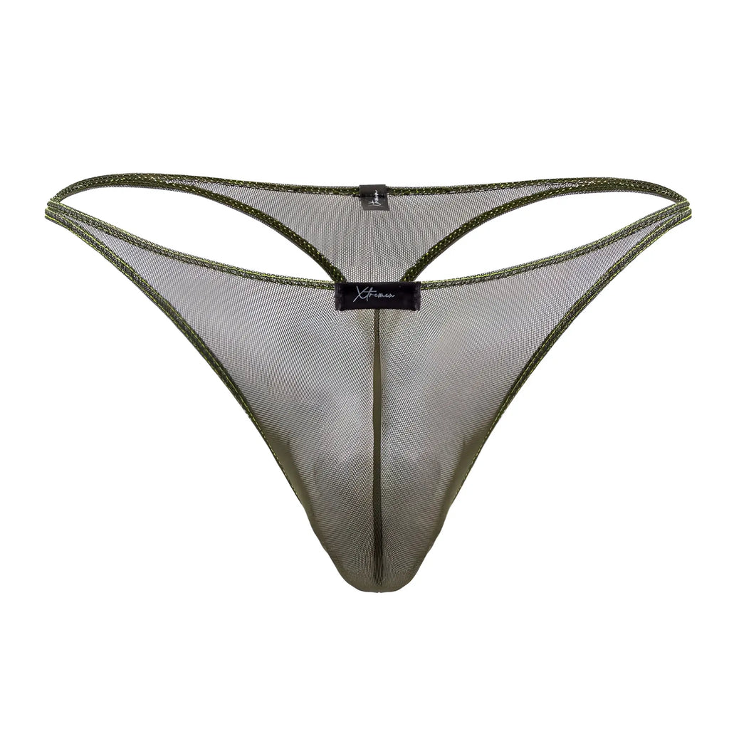 Olive green xtremen 91189 tulle mesh thong with reinforced stitching and branded label at center front