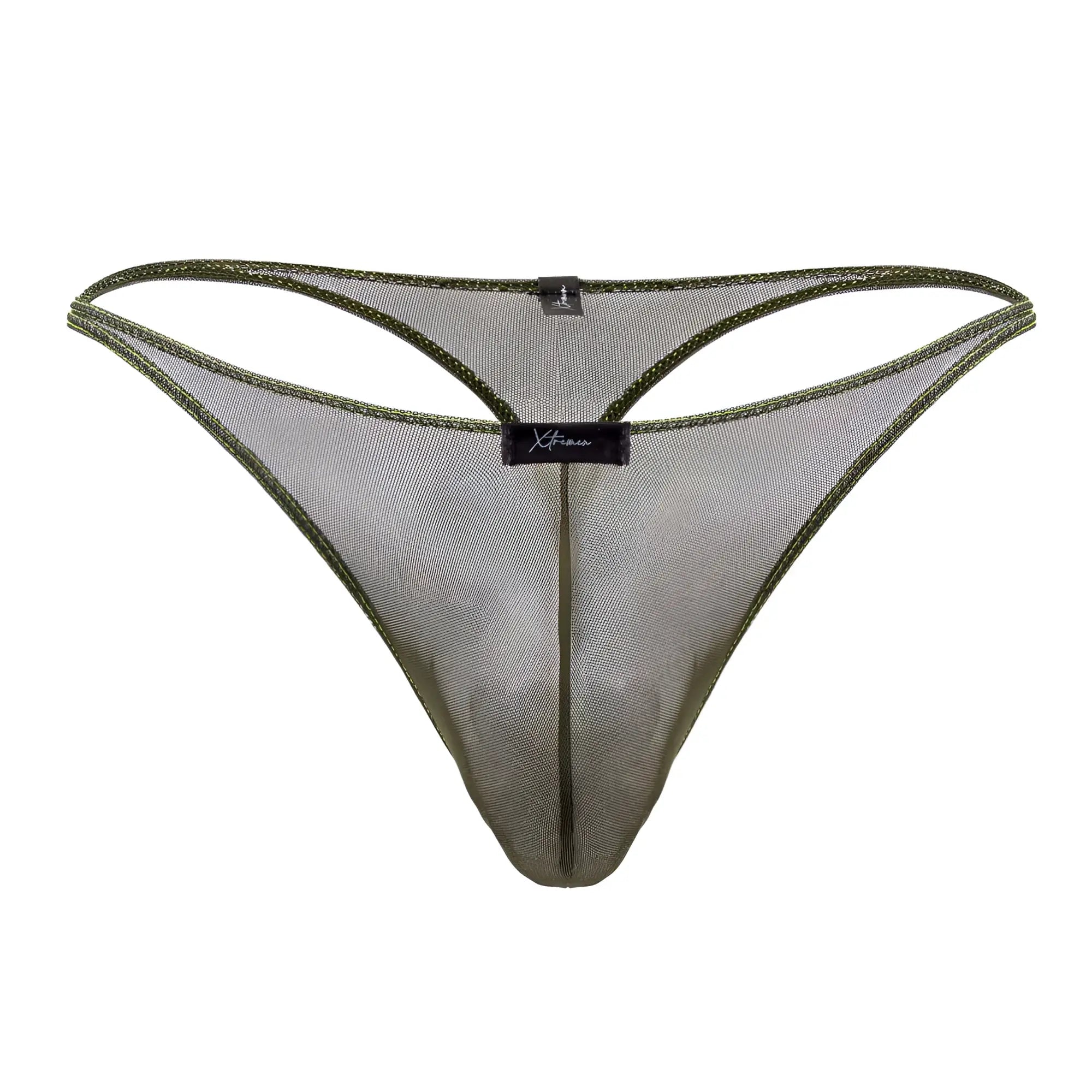 Olive green xtremen 91189 tulle mesh thong with reinforced stitching and branded label at center front