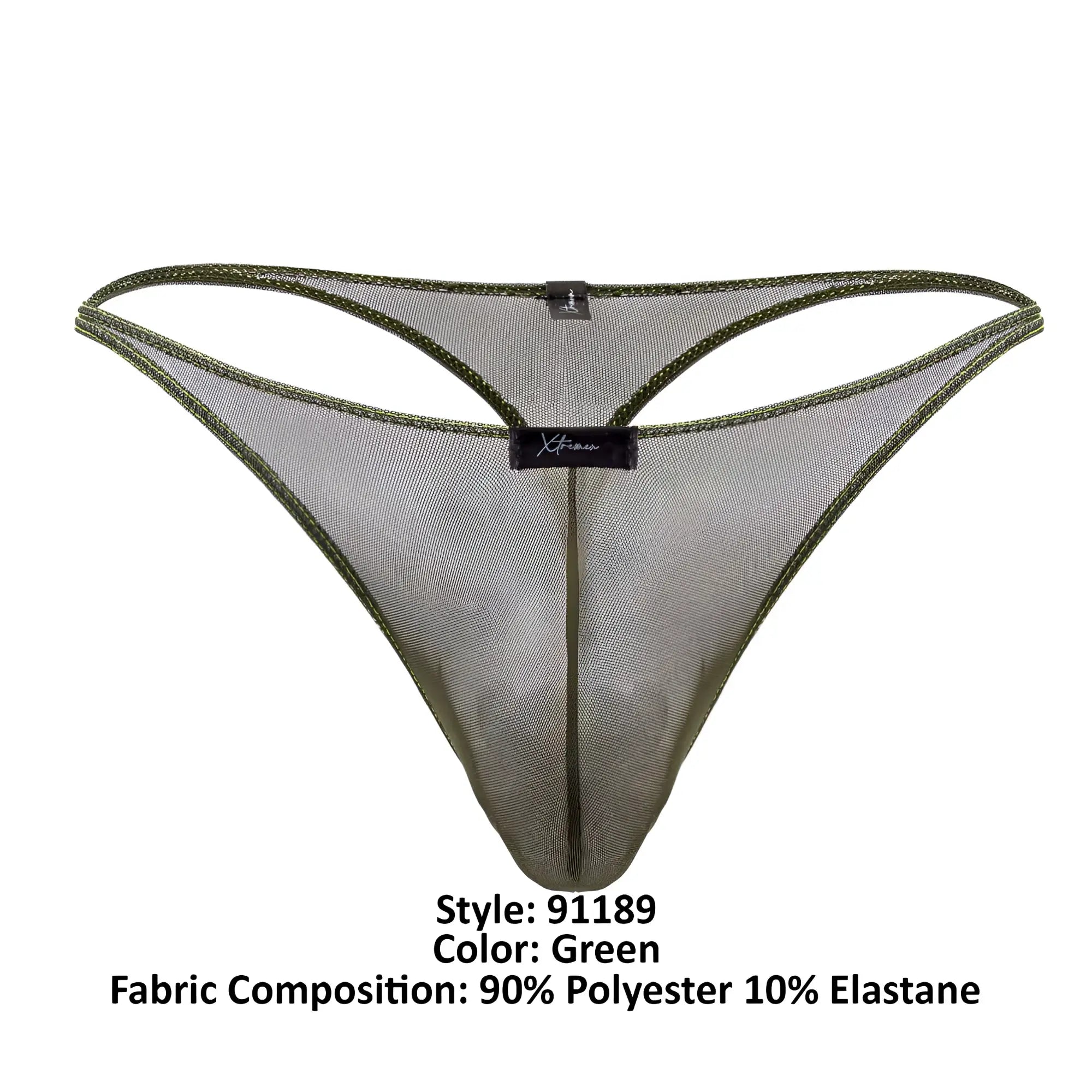 Green tulle mesh thong with subtle sheen and reinforced edges featuring xtreme brand label at center