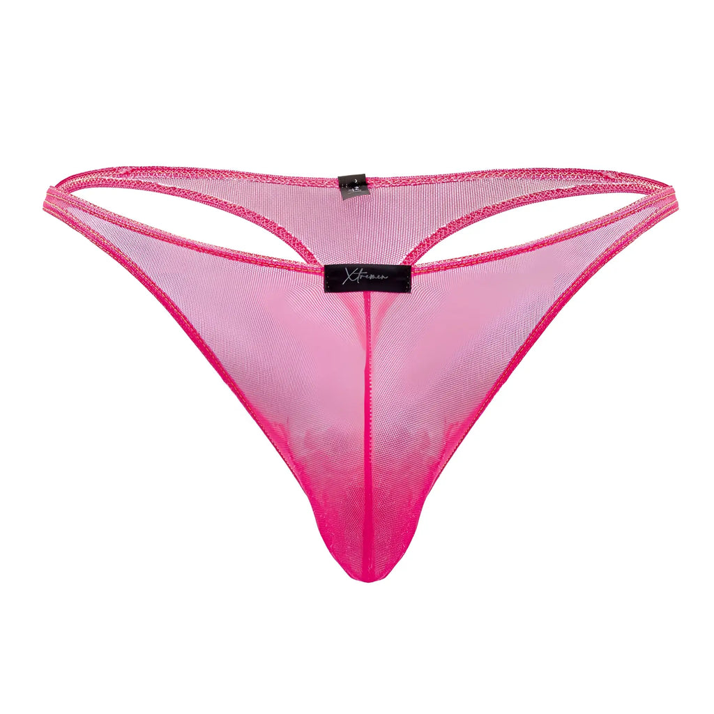 Bright pink Xtremen 91189 tulle mesh thong with black brand tag at center front for comfortable wear