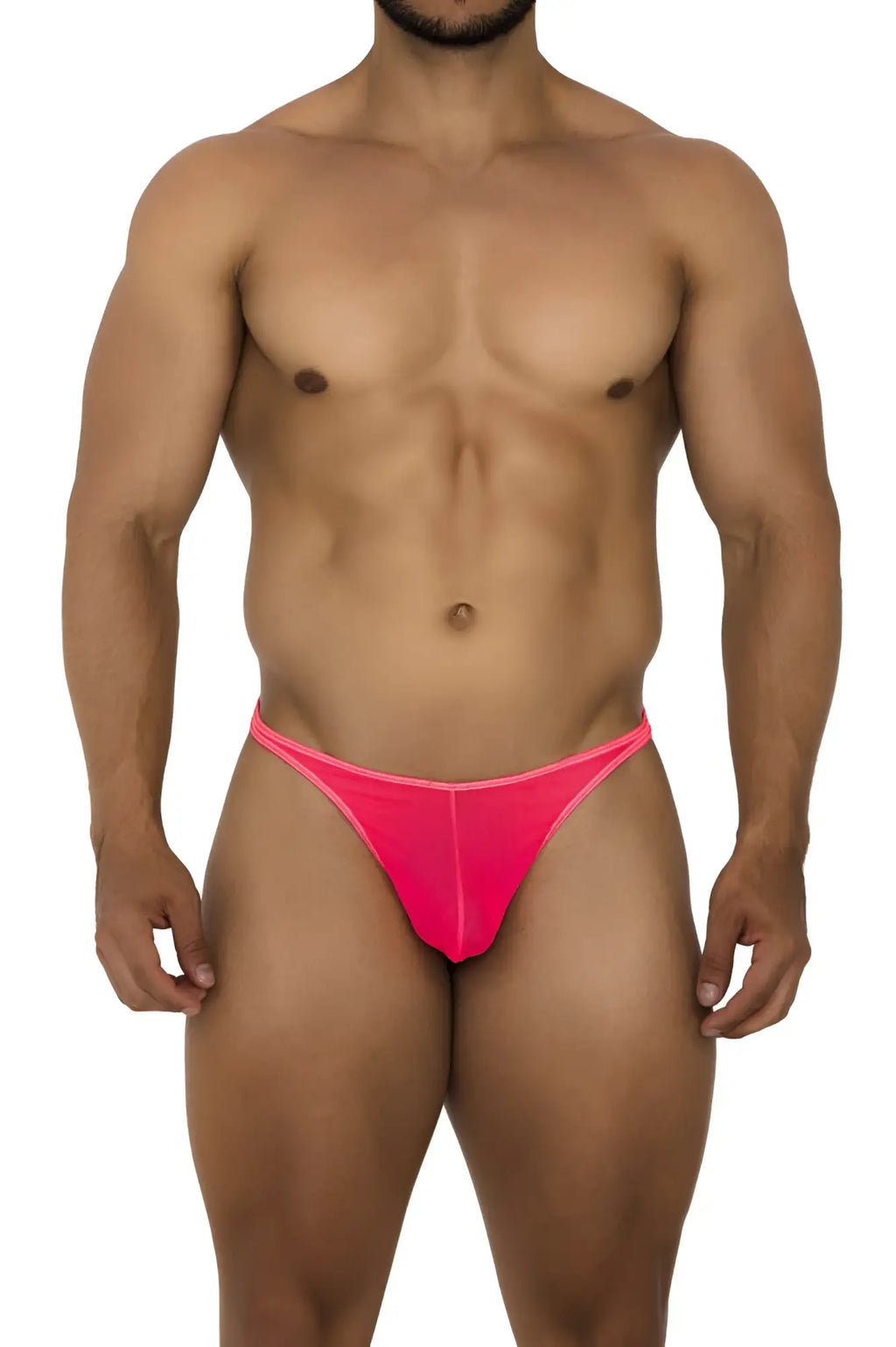 Bright pink xtremen 91189 tulle mesh thong with snug form-fitting design showing front view