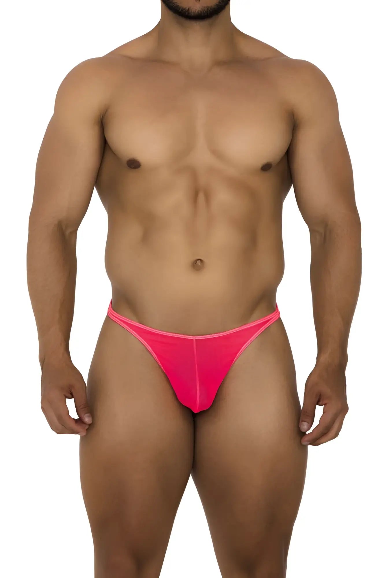 Bright pink xtremen 91189 tulle mesh thong with snug form-fitting design showing front view