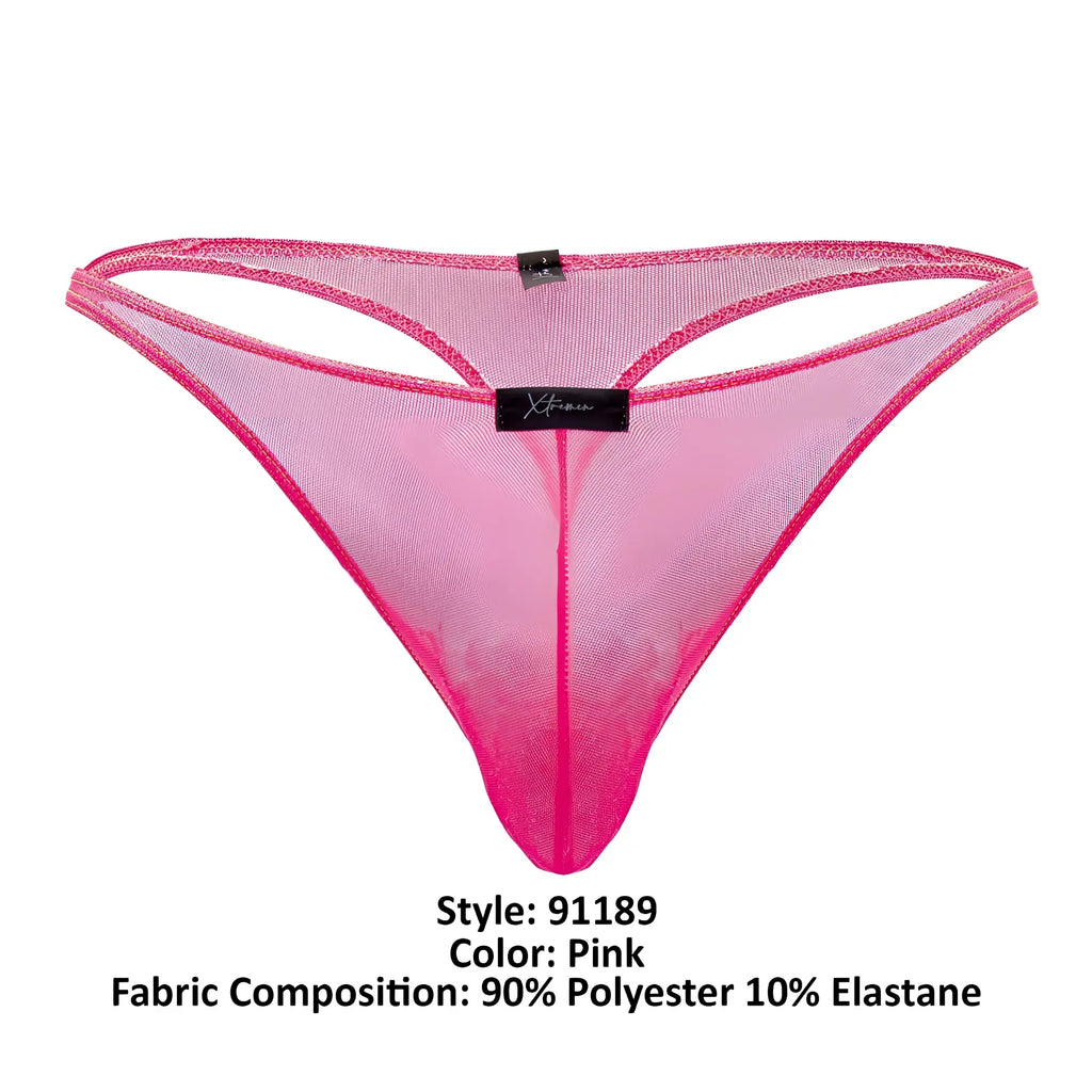 Pink xtremen 91189 tulle mesh thong with sheer translucent fabric and bold fuchsia trim front view