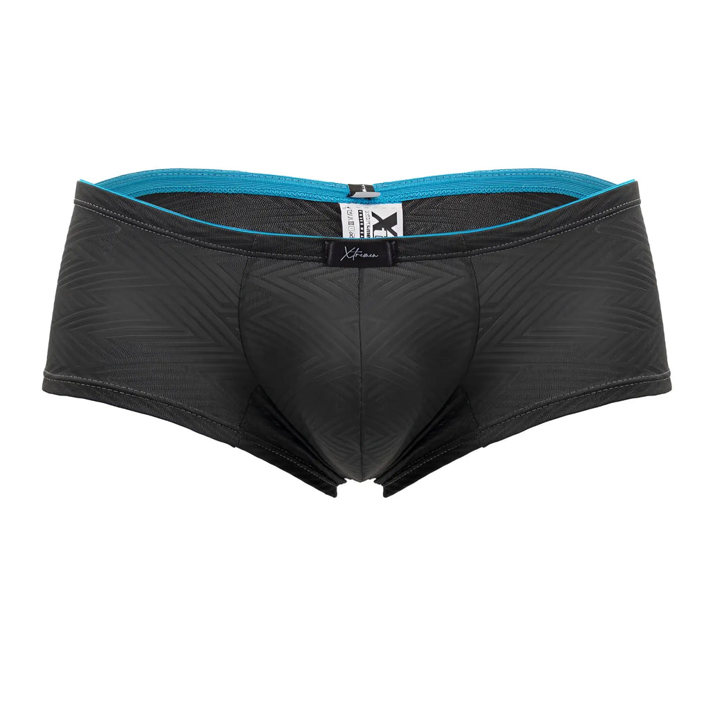 Black men’s xtremen 91190 jacquard trunks in gray with subtle textured pattern and teal waistband trim