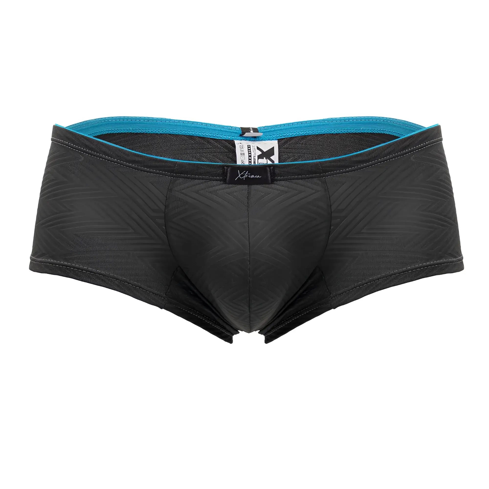 Black men’s xtremen 91190 jacquard trunks in gray with subtle textured pattern and teal waistband trim
