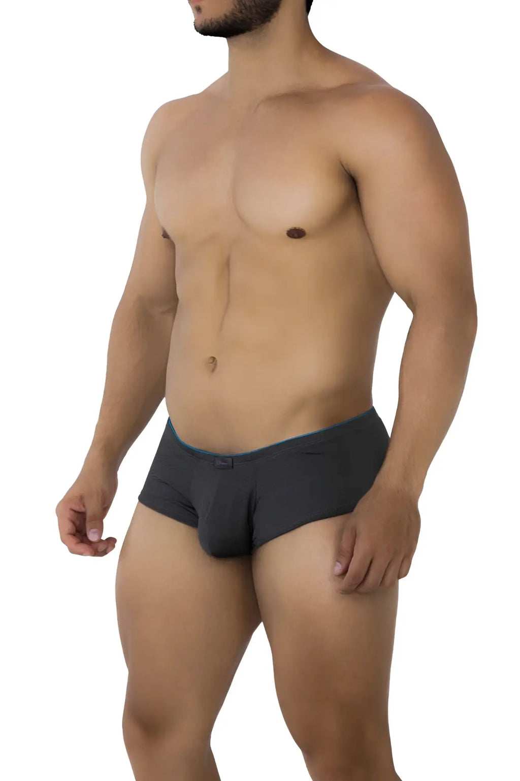 Dark gray xtremen 91190 jacquard trunks briefs with contrasting teal trim along the waistband