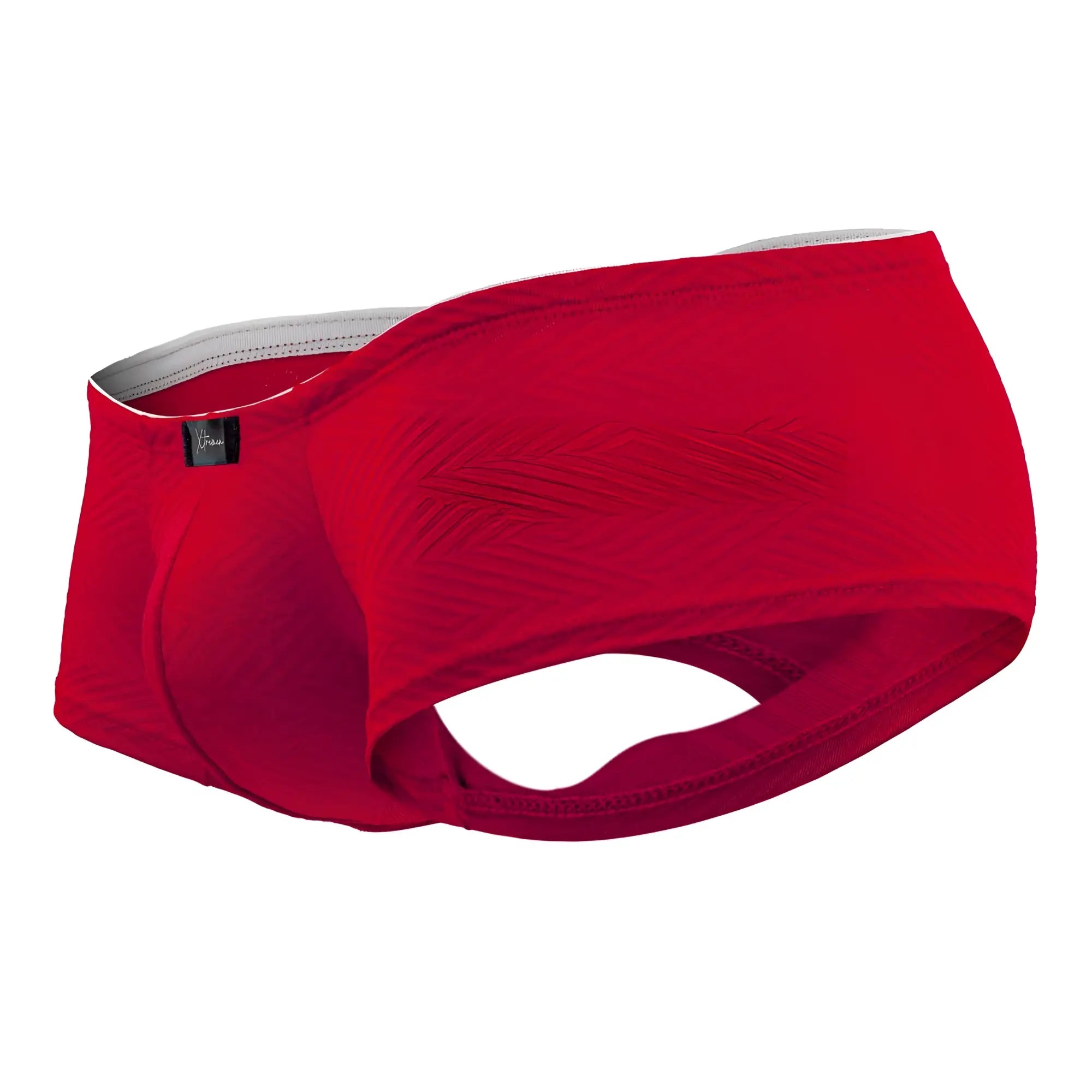 Red xtremen 91190 jacquard trunks men’s briefs with gray waistband and black brand tag in jacquard fabric