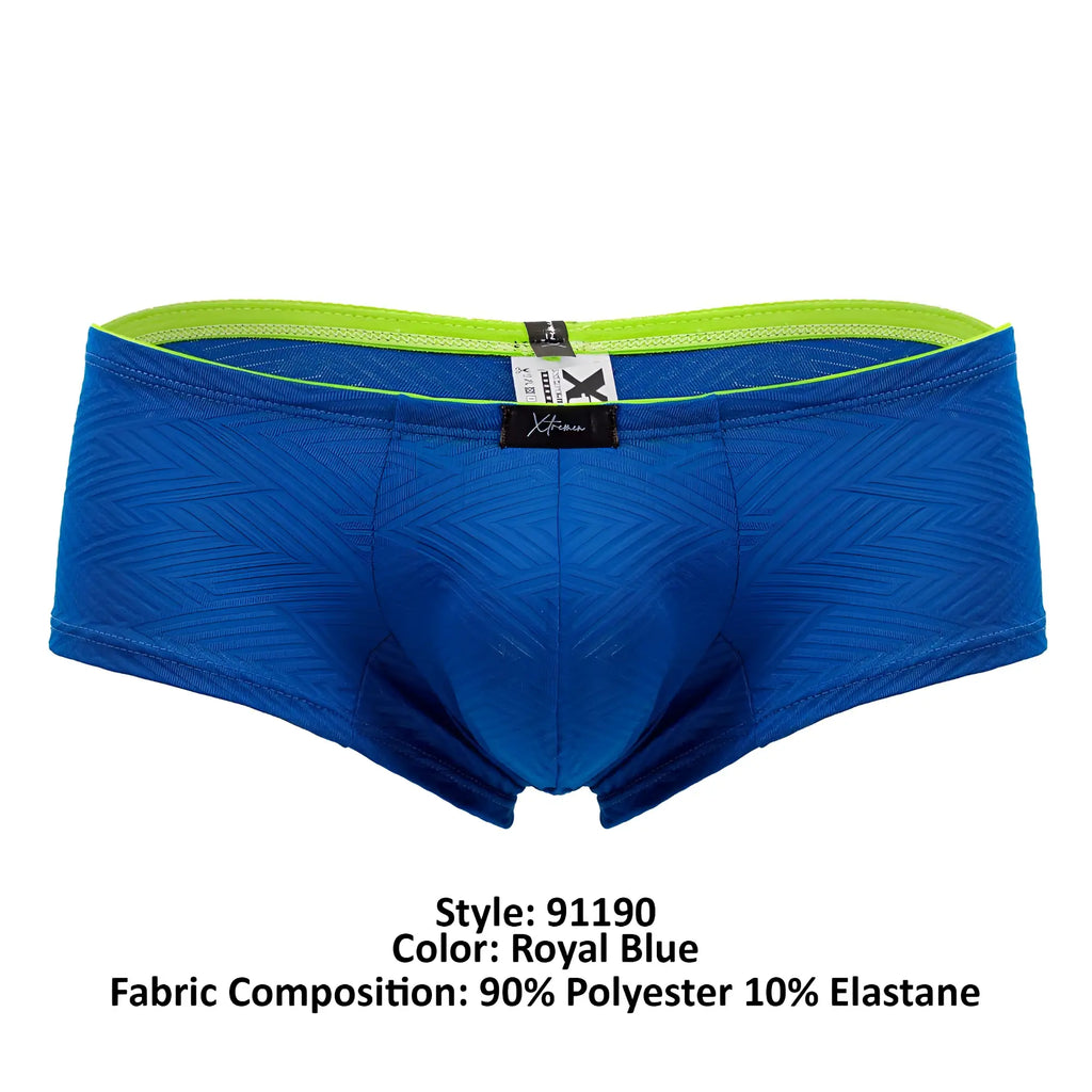 Royal blue xtremen 91190 jacquard trunks with vibrant lime green waistband and x-fit brand label in textured briefs