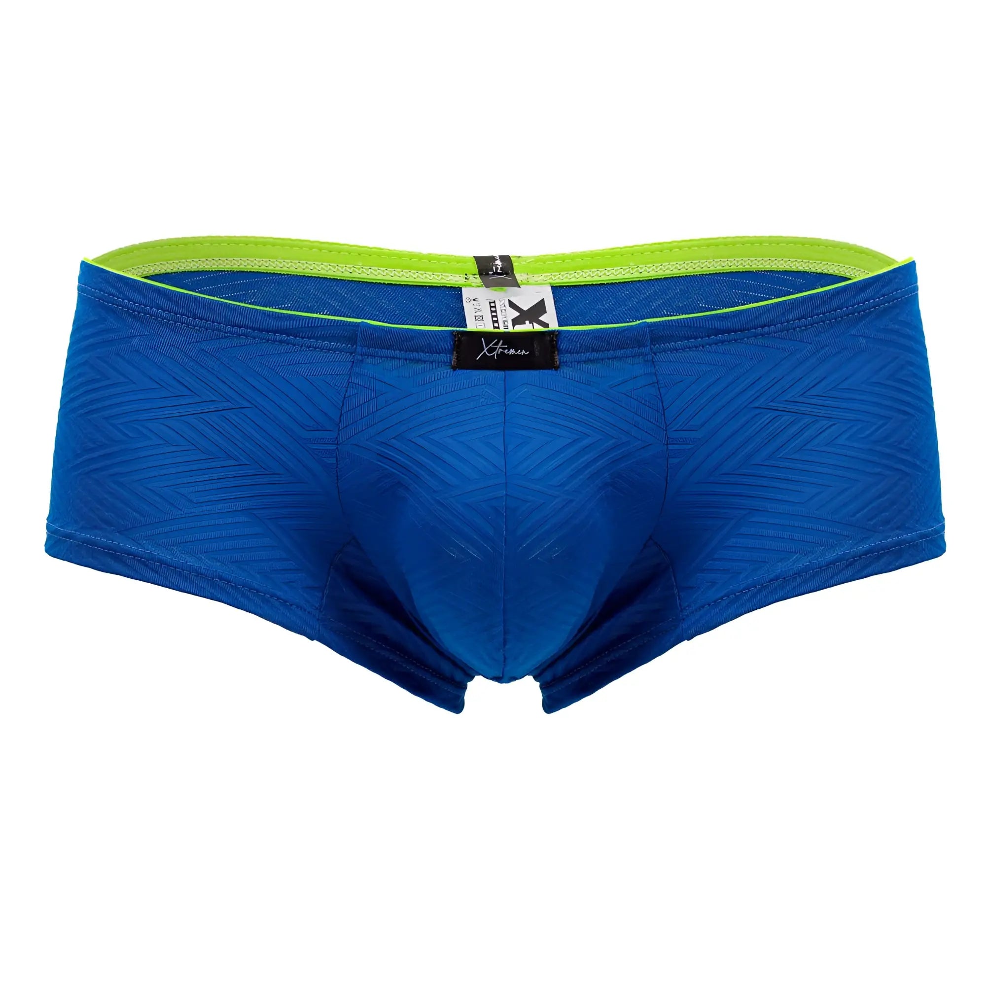 Xtremen 91190 jacquard trunks are royal blue men’s briefs with a blue pattern, neon green waistband, and black brand tag