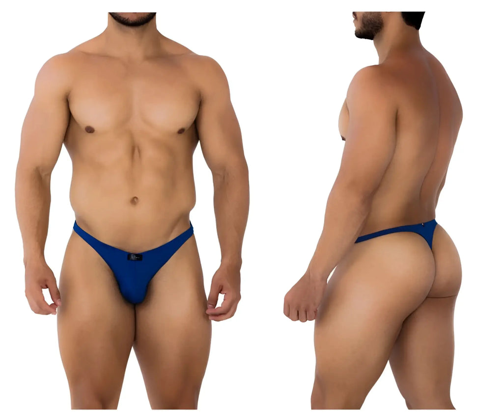 Royal blue xtremen 91191 jacquard men’s thong with small black logo on the front made from jacquard fabric