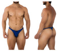 Royal blue xtremen 91191 jacquard men’s thong with small black logo on the front made from jacquard fabric