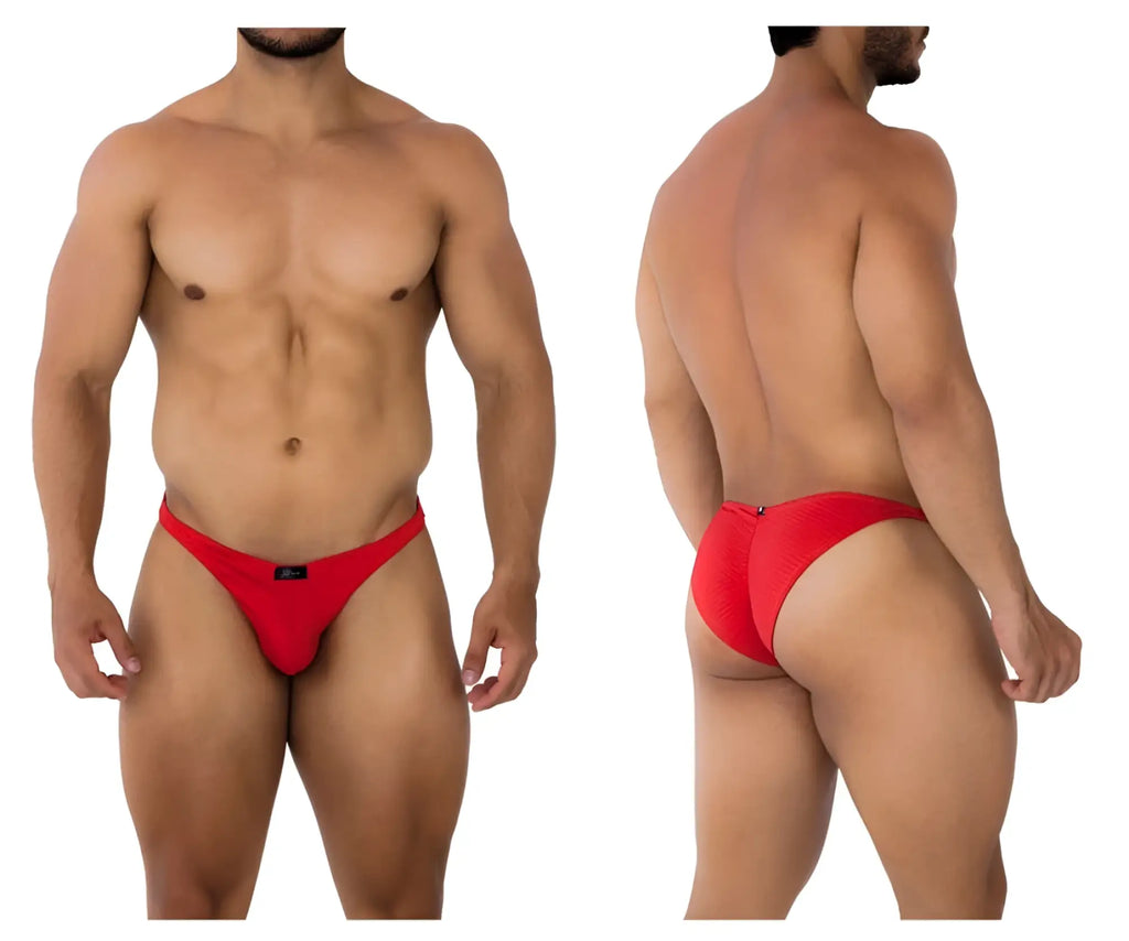 Red men’s briefs xtremen 91192 jacquard bikini with a sleek form-fitting design and small black brand tag at the front