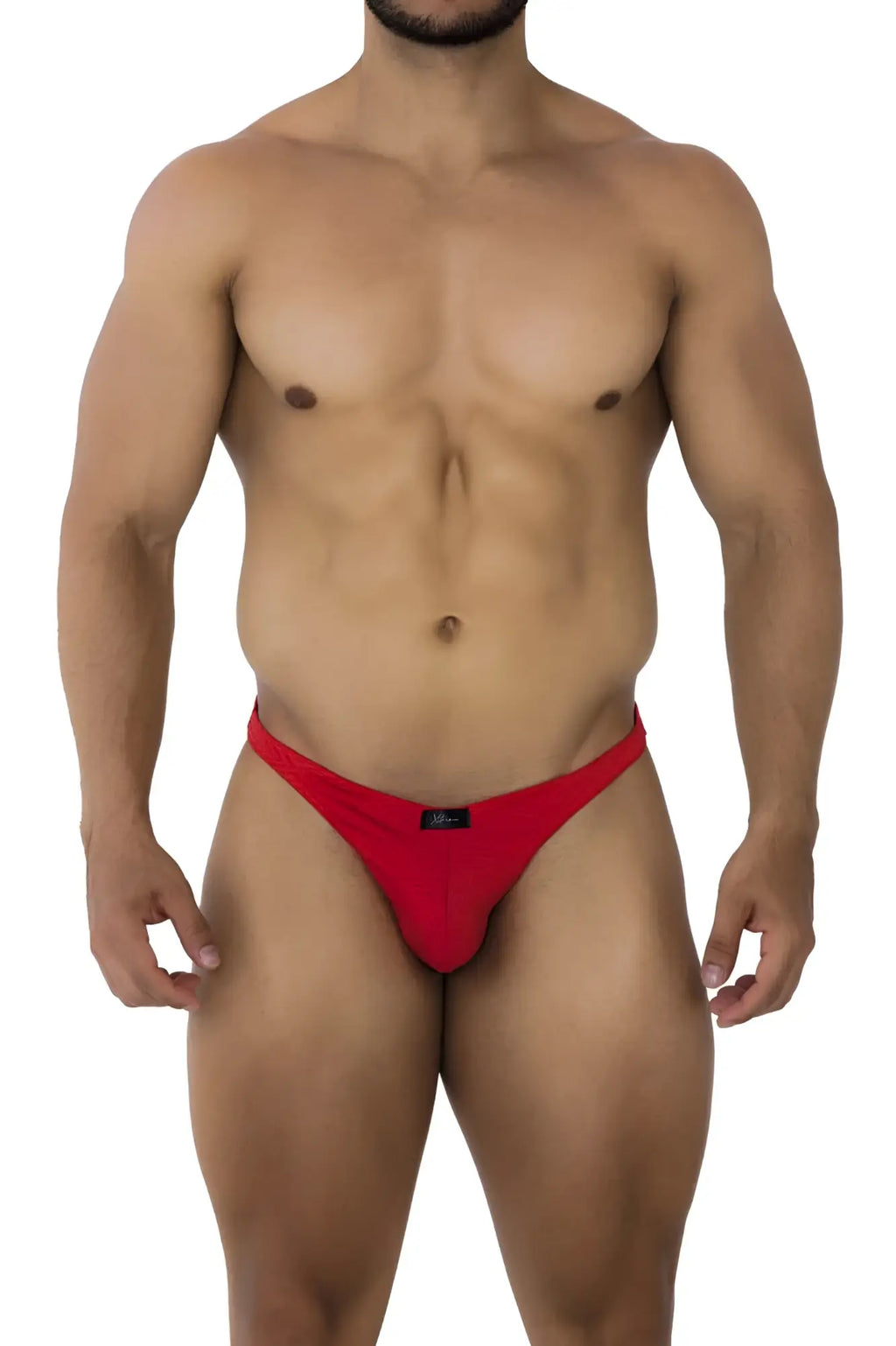 Red xtremen 91192 jacquard bikini thong in stretchy fabric with small black brand tag visible at the waistband