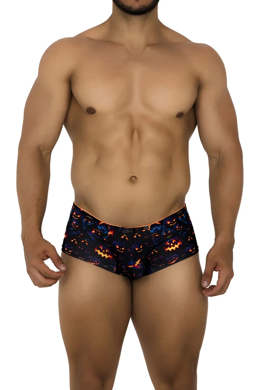 Black xtremen 91193 printed swim trunks with glowing orange pumpkin faces and blue accents for halloween use