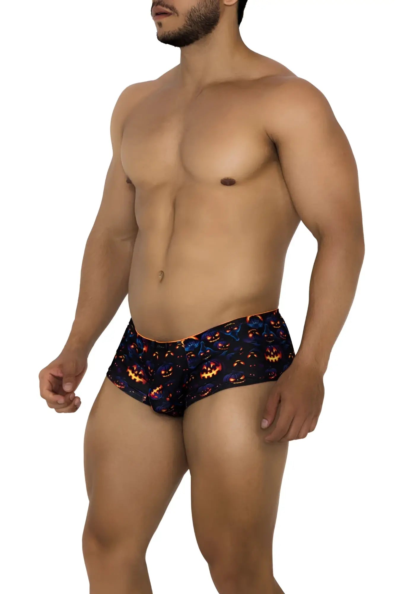 Black xtremen 91193 printed swim trunks with vibrant orange and blue glowing jack-o-lantern pumpkin pattern
