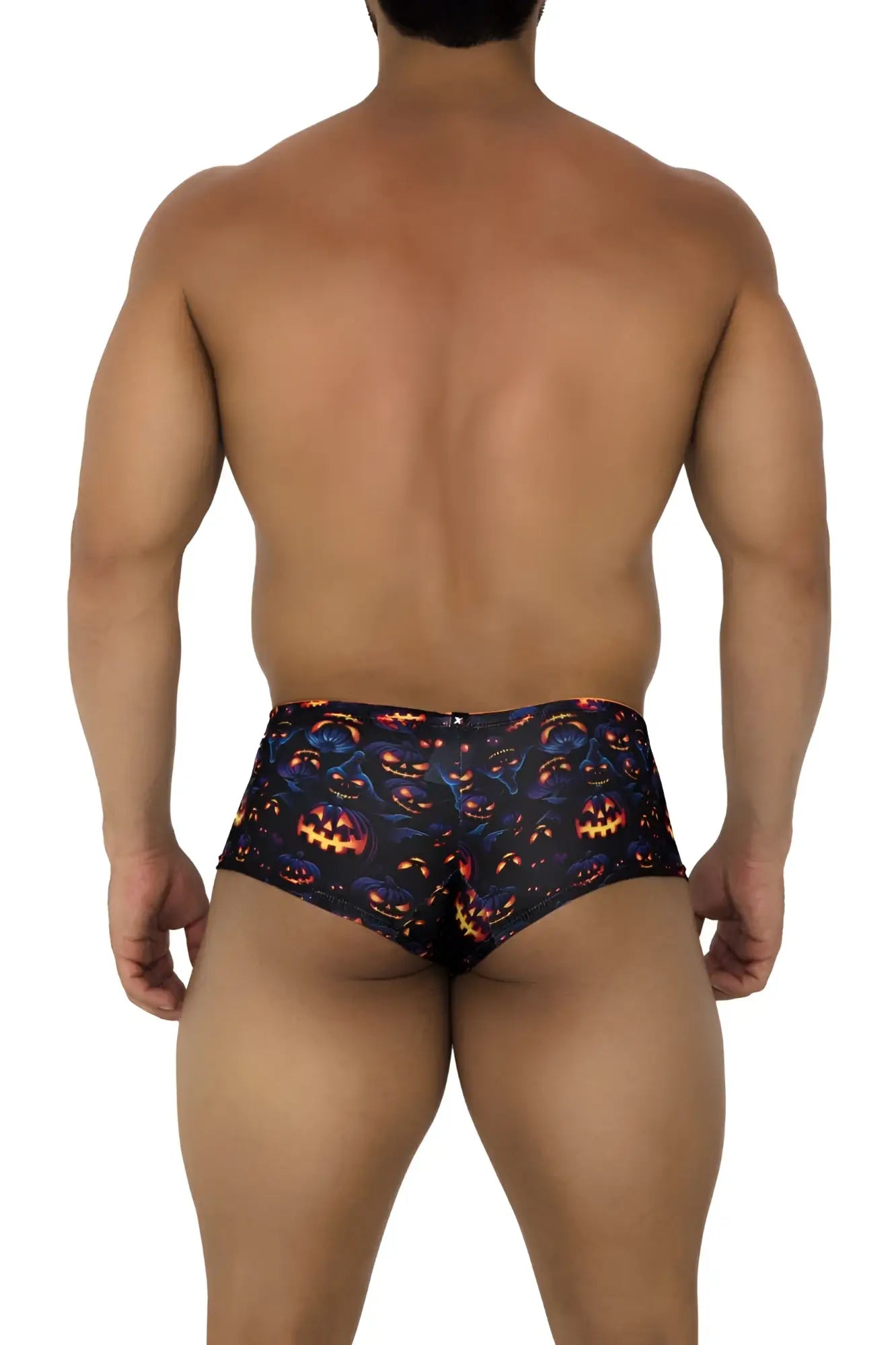 Black xtremen 91193 printed trunks with vibrant glowing orange and yellow pumpkin jack-o-lantern pattern