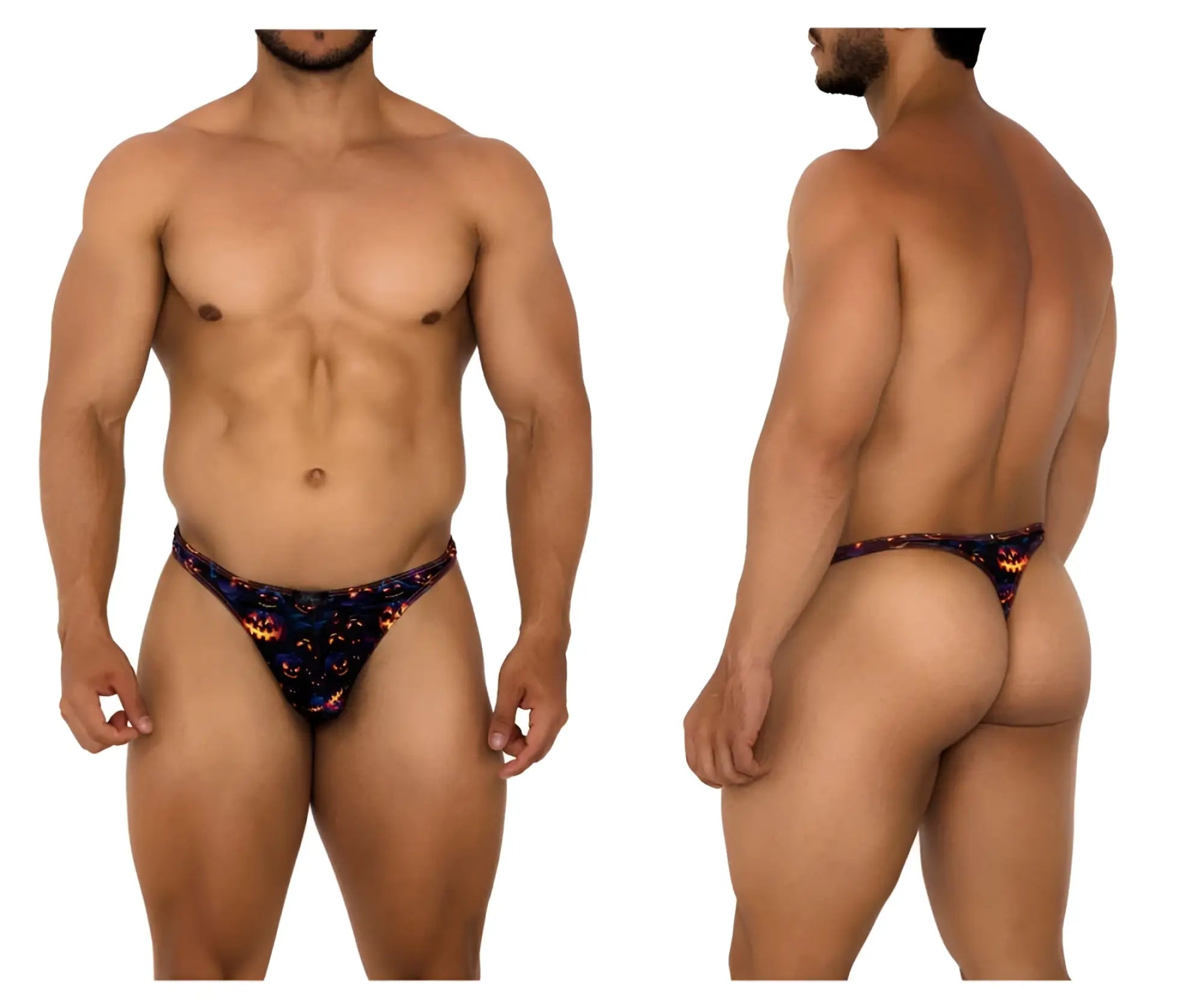 Black thong with halloween-themed orange jack o lantern and purple star print from xtremen 91194 printed thongs color pumpkins