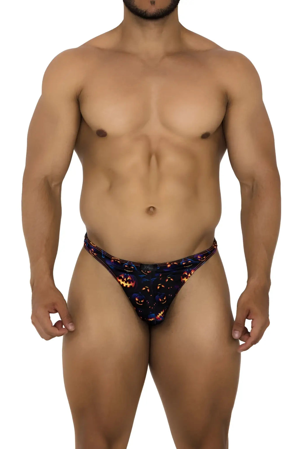 Black Xtremen 91194 thong with vibrant orange and yellow pumpkin pattern ideal for Halloween wear