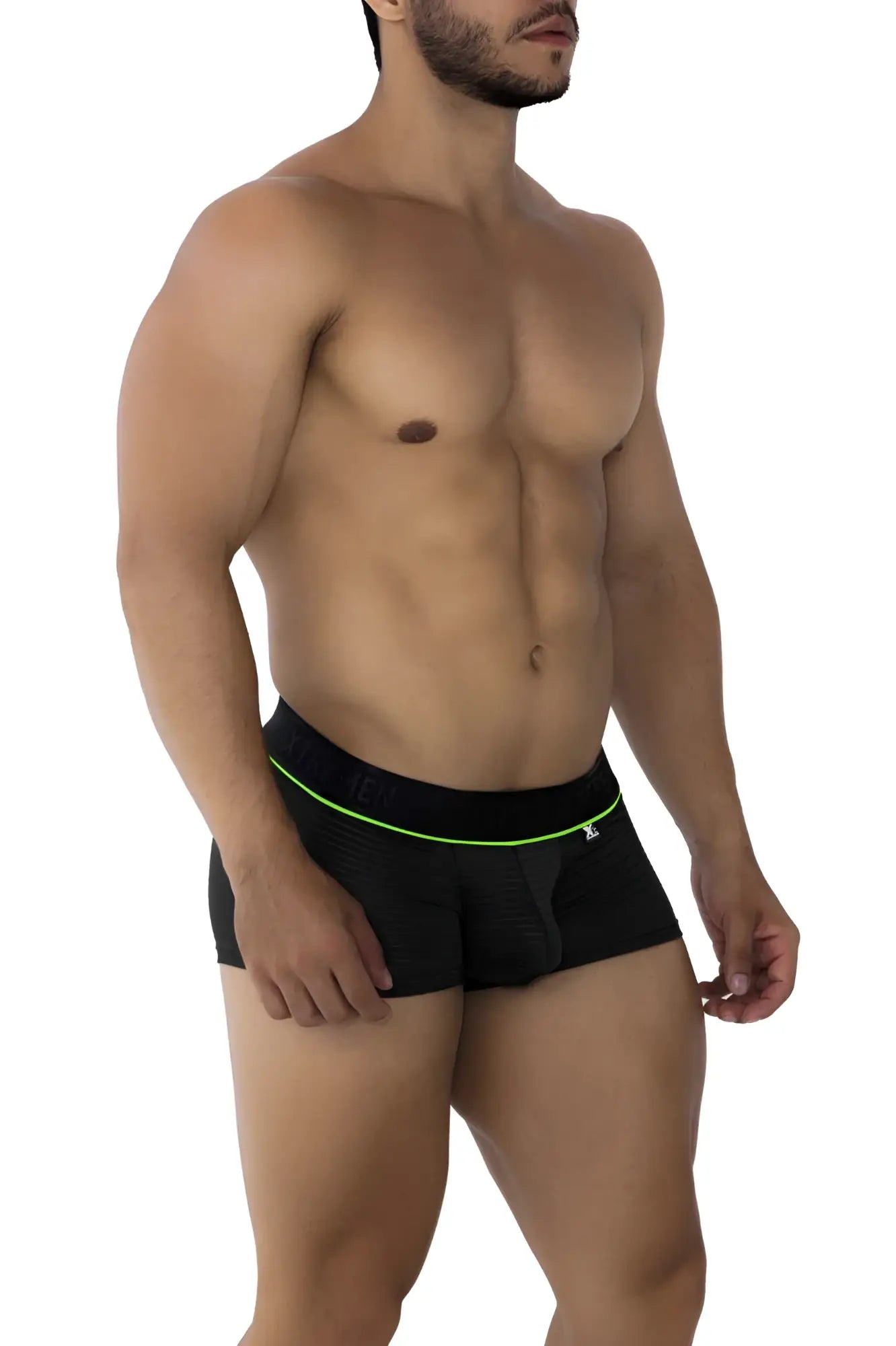 Black xtremen 91196 jacquard trunks featuring athletic briefs with neon green waistband trim and white side logo
