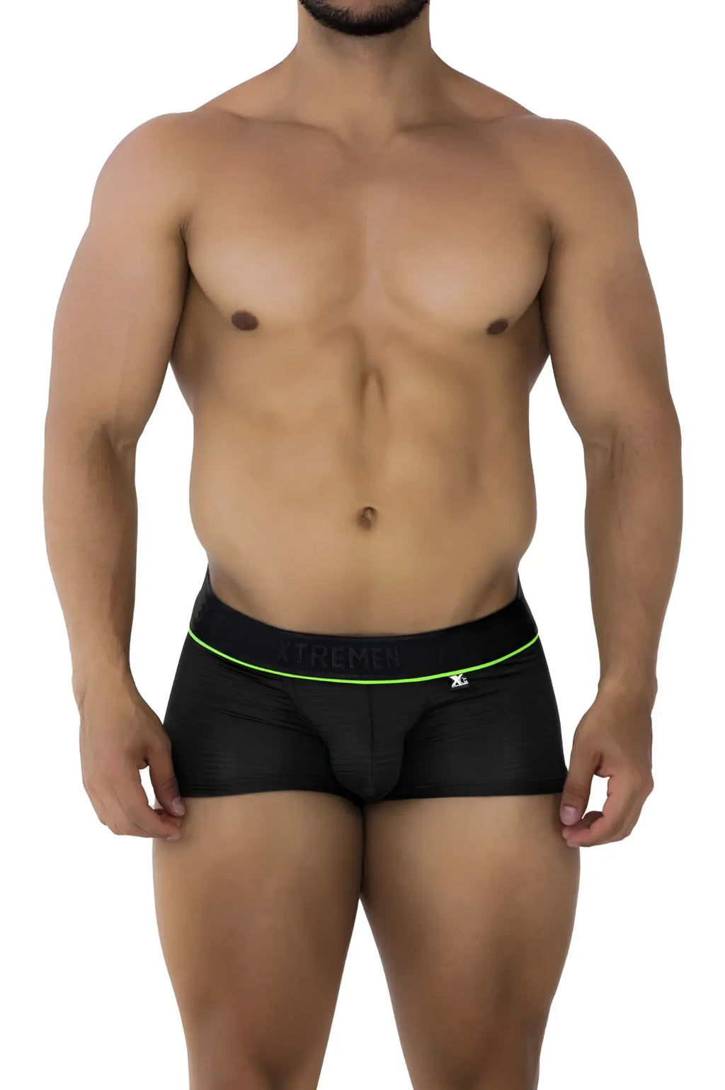 Black xtremen 91196 jacquard trunks with neon green trim and branded waistband in black briefs design