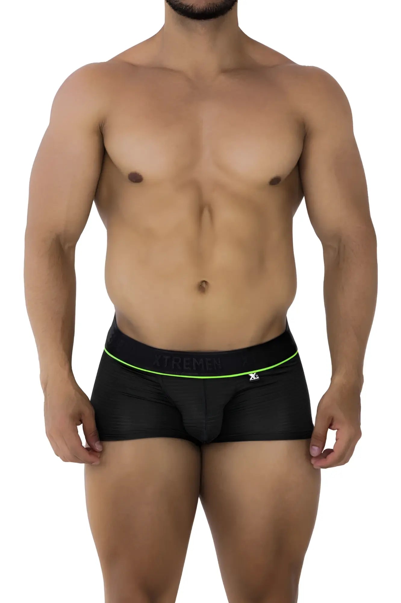 Black xtremen 91196 jacquard trunks with neon green trim and branded waistband in black briefs design