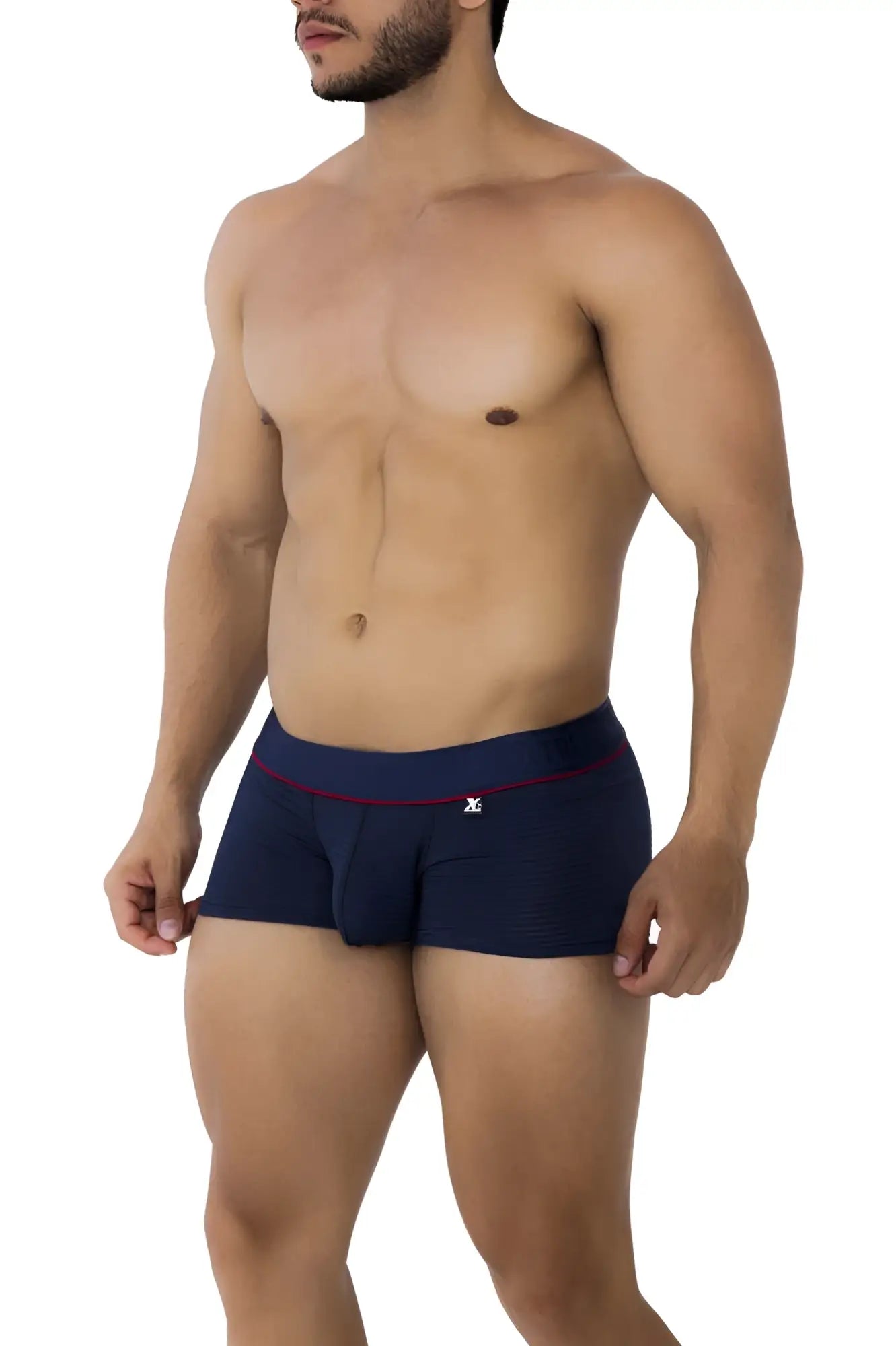 Navy blue Xtremen 91196 jacquard trunks with red trim and a small logo on the waistband in front view