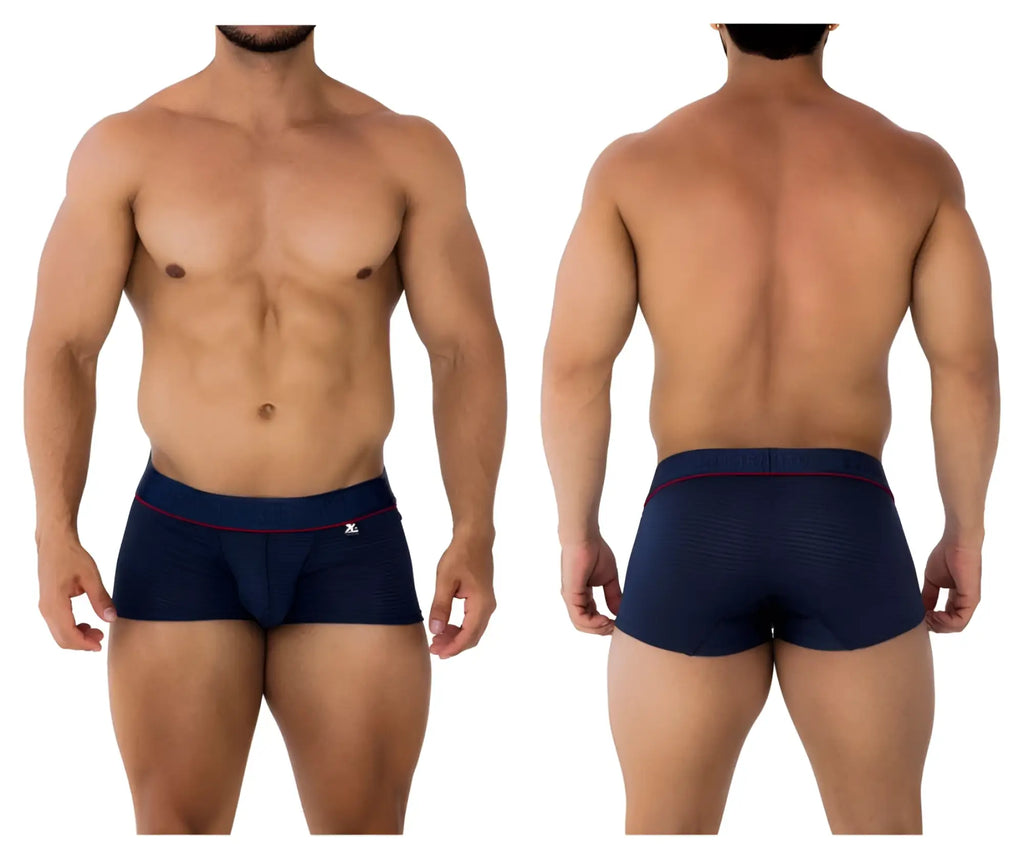 Navy blue Xtremen 91196 jacquard trunks with red trim and logo waistband featuring breathable fabric design