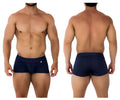 Navy blue Xtremen 91196 jacquard trunks with red trim and logo waistband featuring breathable fabric design