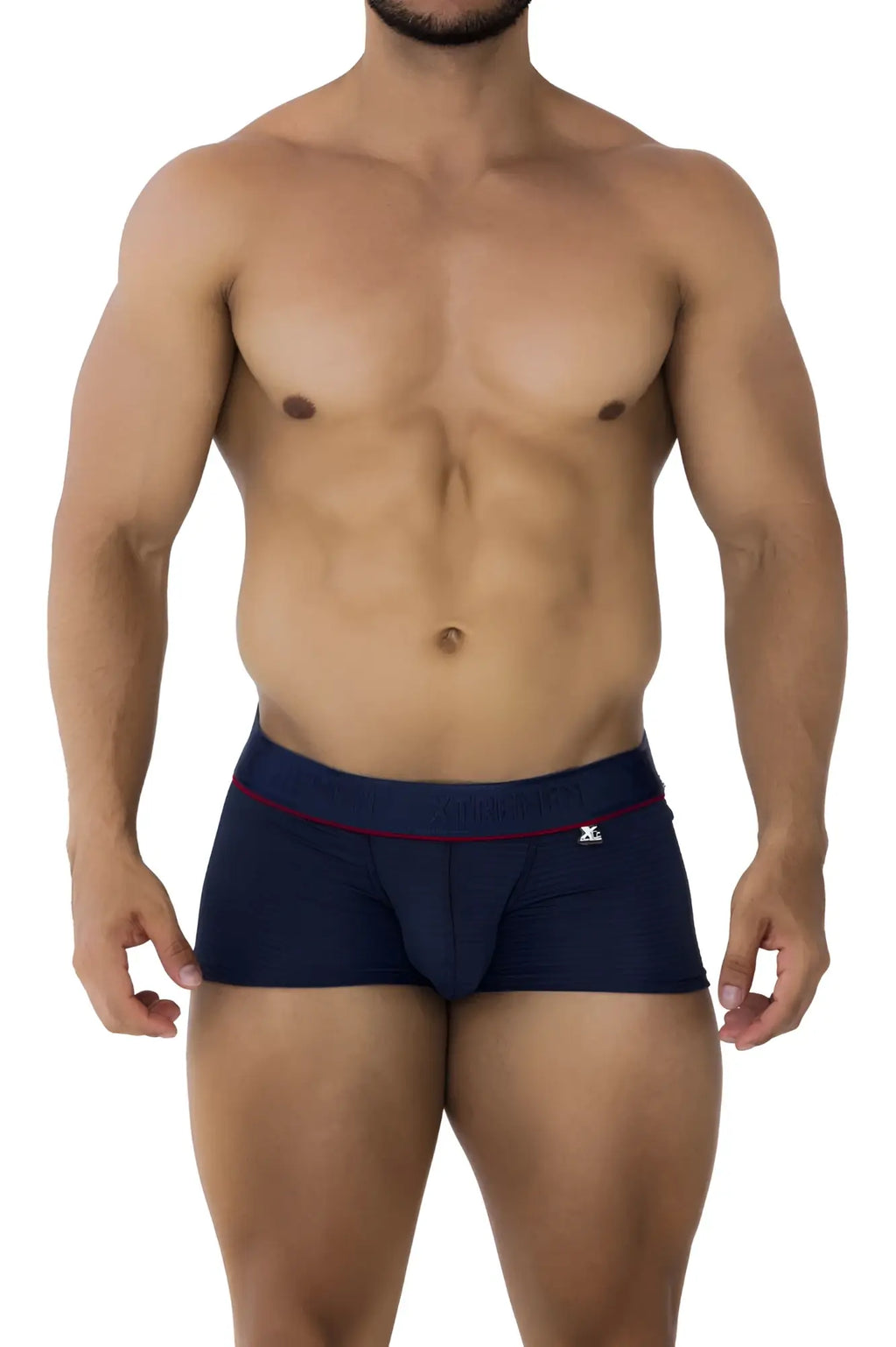 Xtremen 91196 jacquard trunks in dark blue with navy blue briefs red trim and white logo on waistband front view