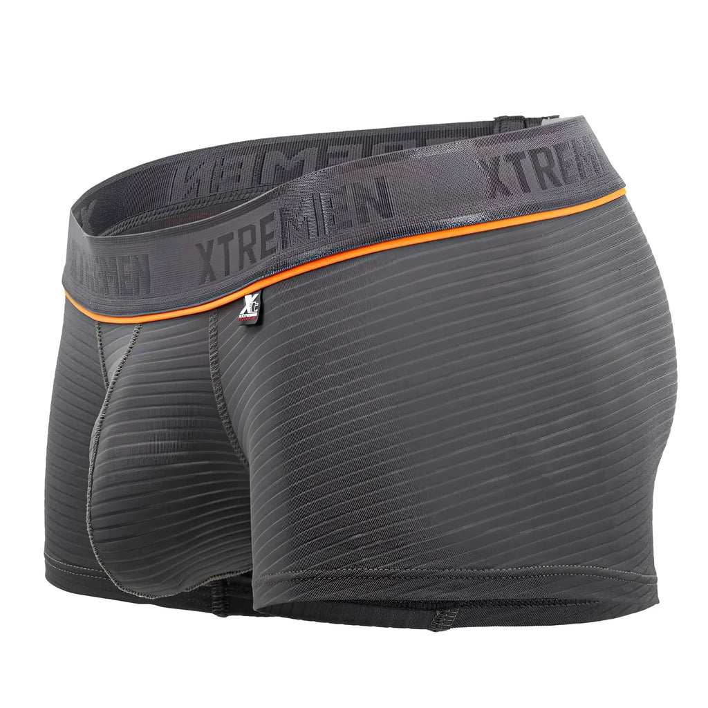 Dark gray xtremen 91196 jacquard trunks with textured fabric and orange trim briefs with xtremen branding on waistband