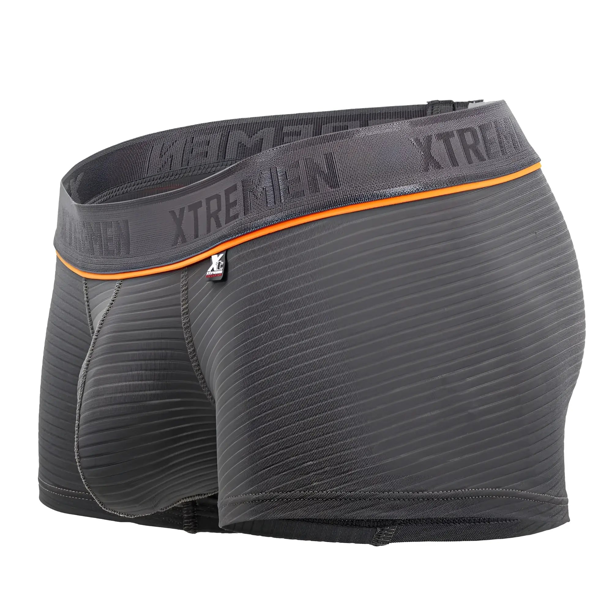 Dark gray xtremen 91196 jacquard trunks with textured fabric and orange trim briefs with xtremen branding on waistband