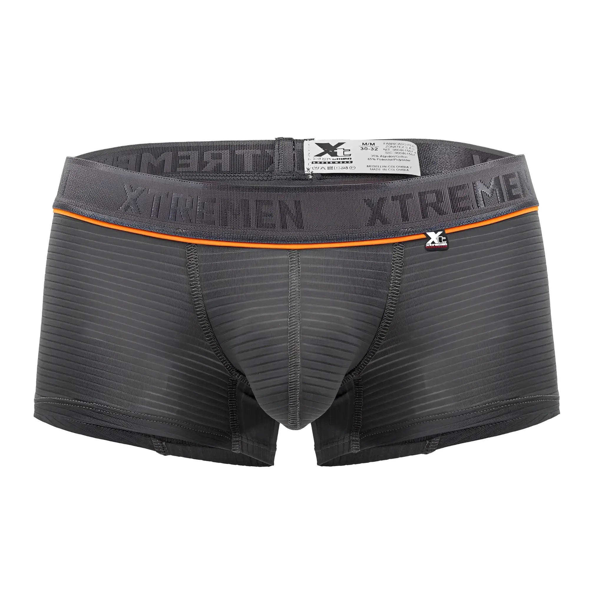 Dark gray xtremen 91196 jacquard trunks with ribbed fabric and orange waistband accent stripe boxer briefs