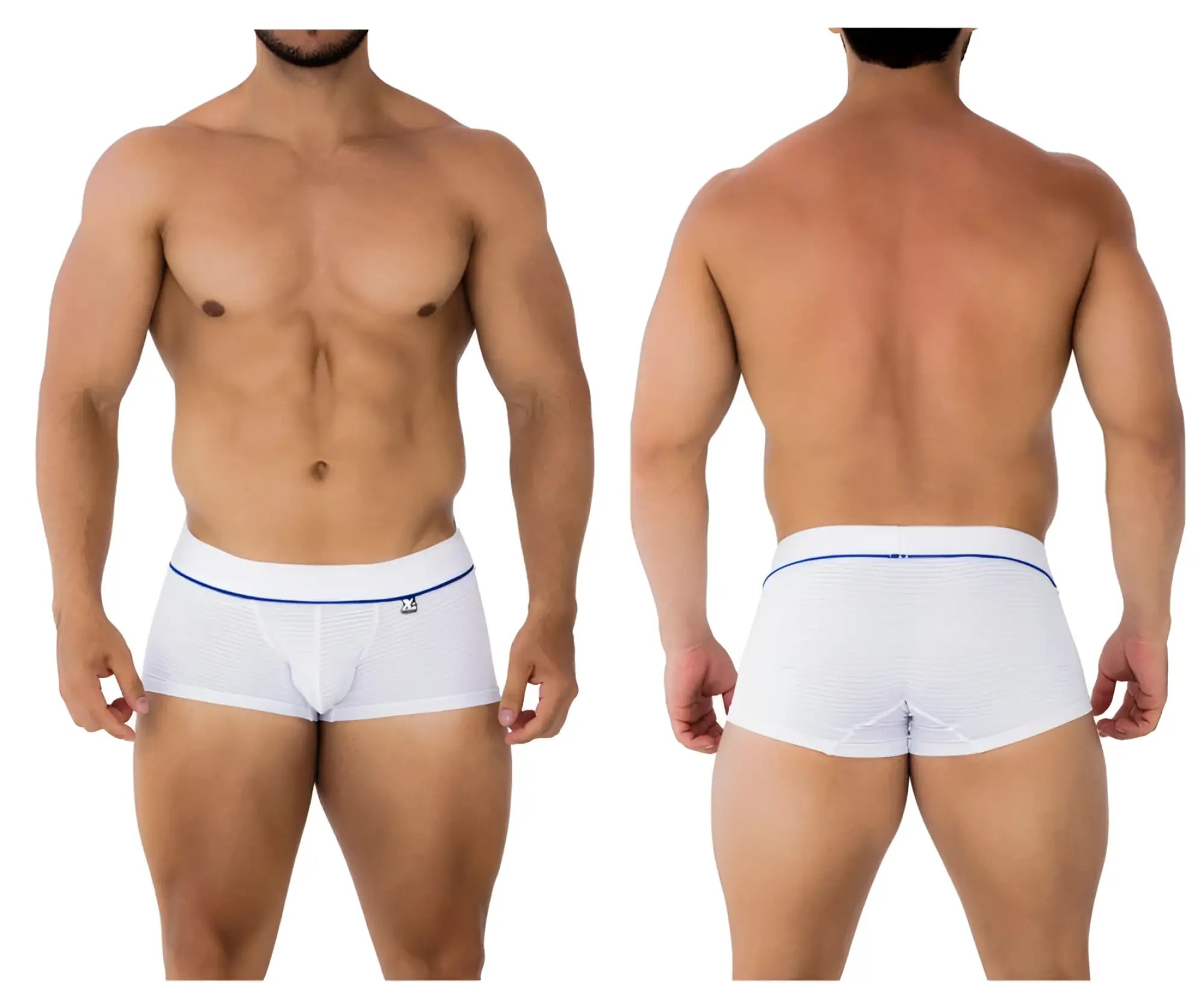 White xtremen 91196 jacquard trunks with thin blue trim and small logo on waistband in white color