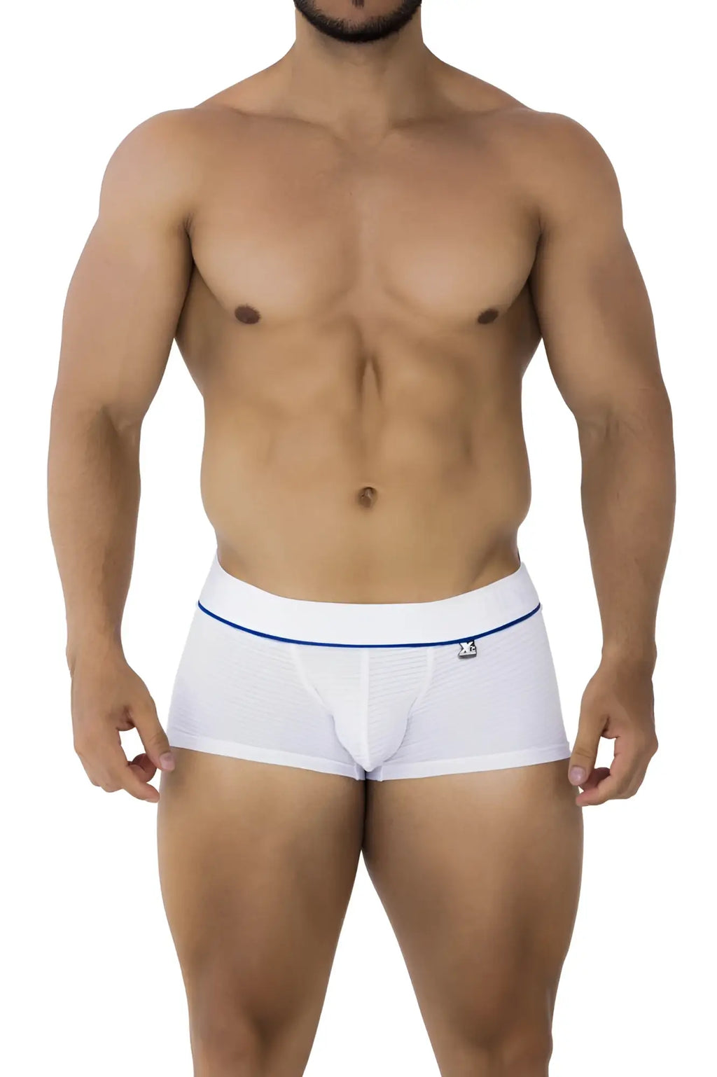 White xtremen 91196 jacquard trunks with blue trim and small logo on waistband made of jacquard fabric