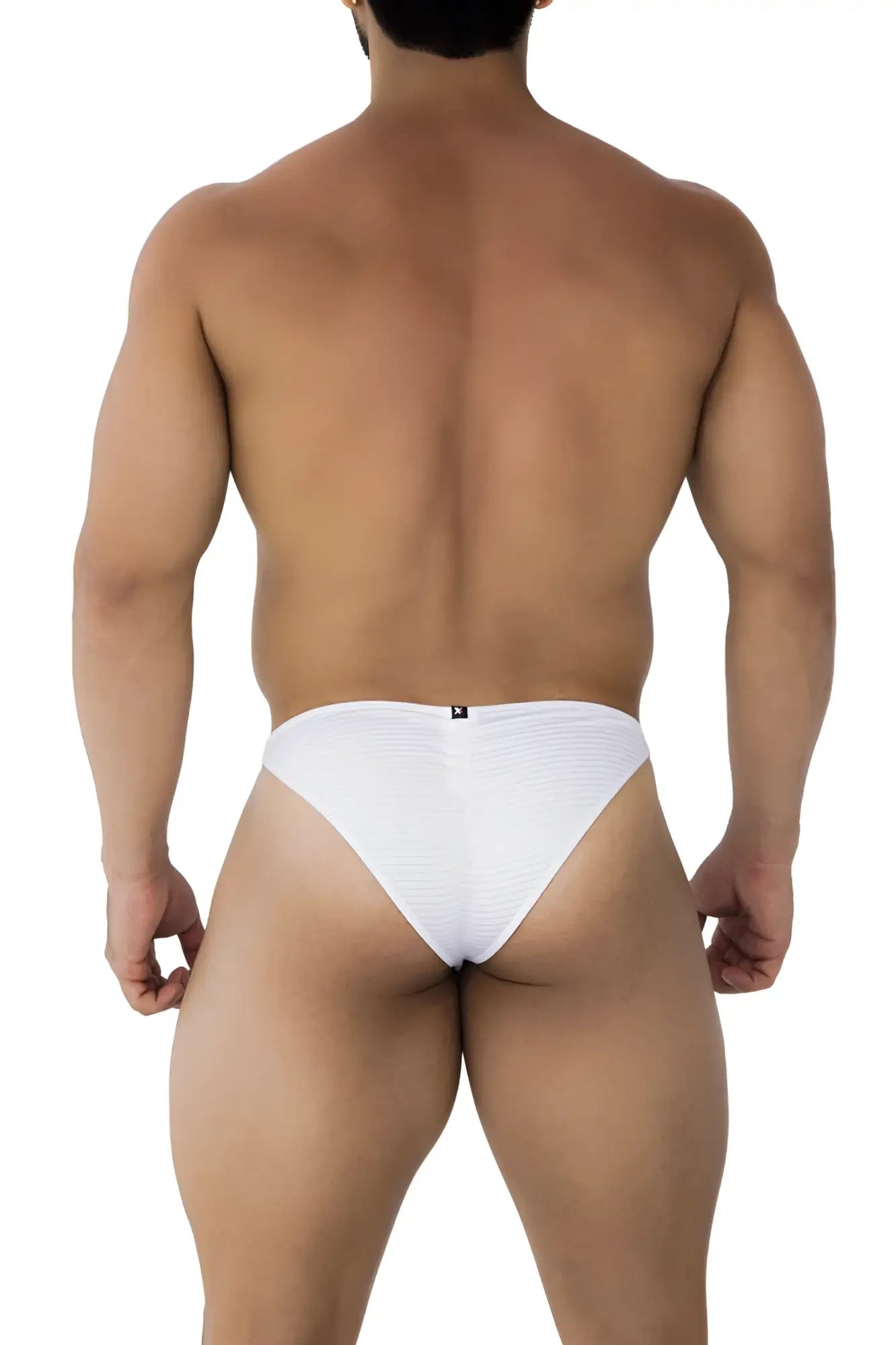 Back side of white xtremen 91197 jacquard bikini briefs with subtle textured pattern and small black logo