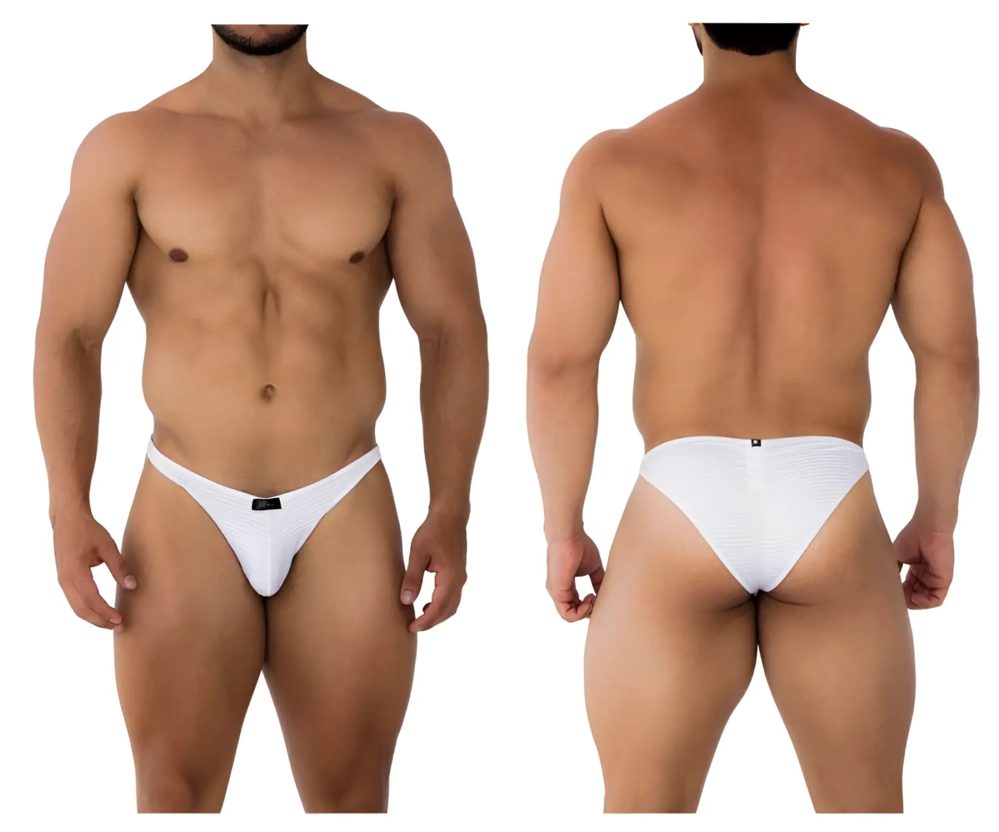 White xtremen 91197 jacquard bikini thong briefs with smooth seamless design and small black brand tag at the front