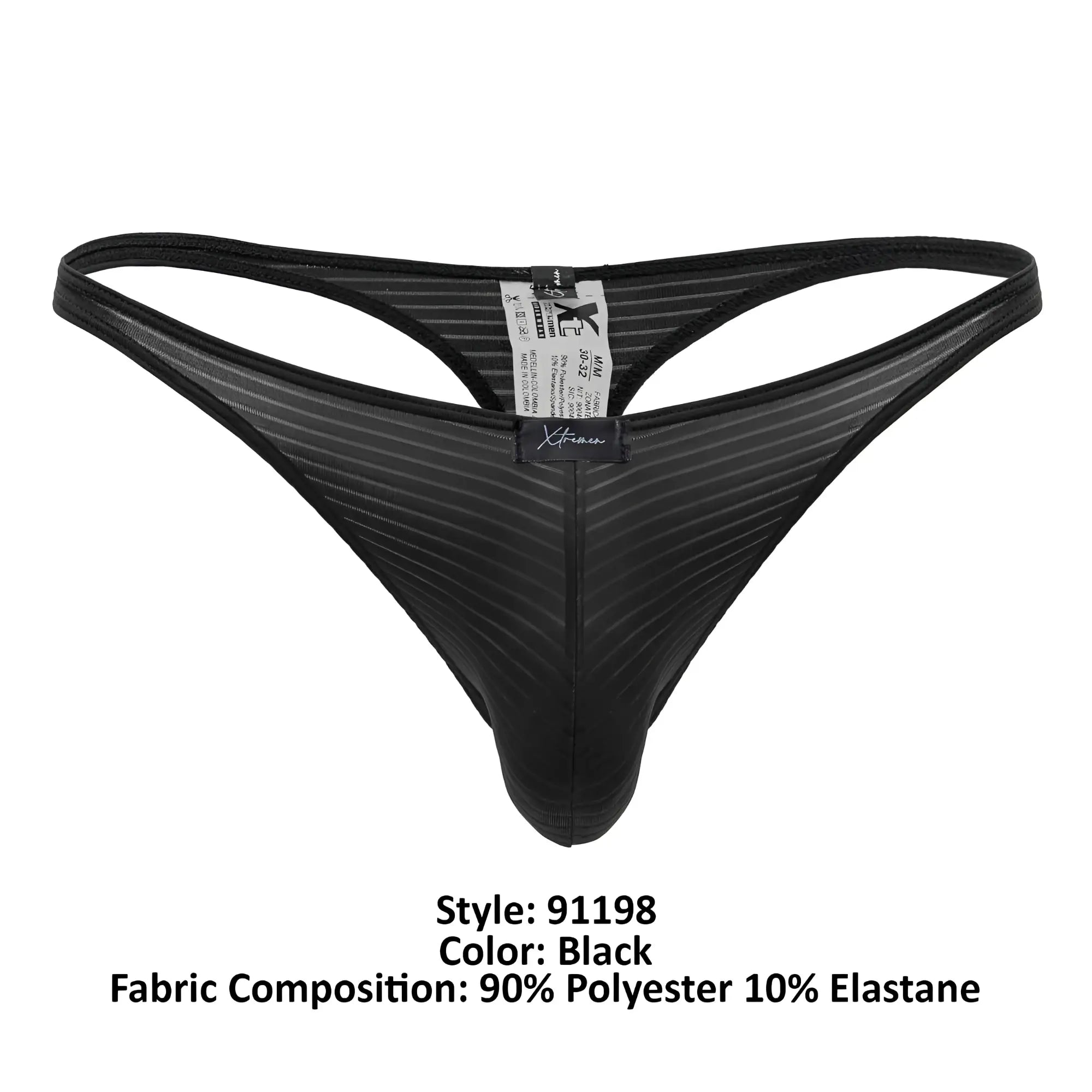 Black xtremen 91198 jacquard thong with mesh fabric subtle ribbed texture and branded label at center front