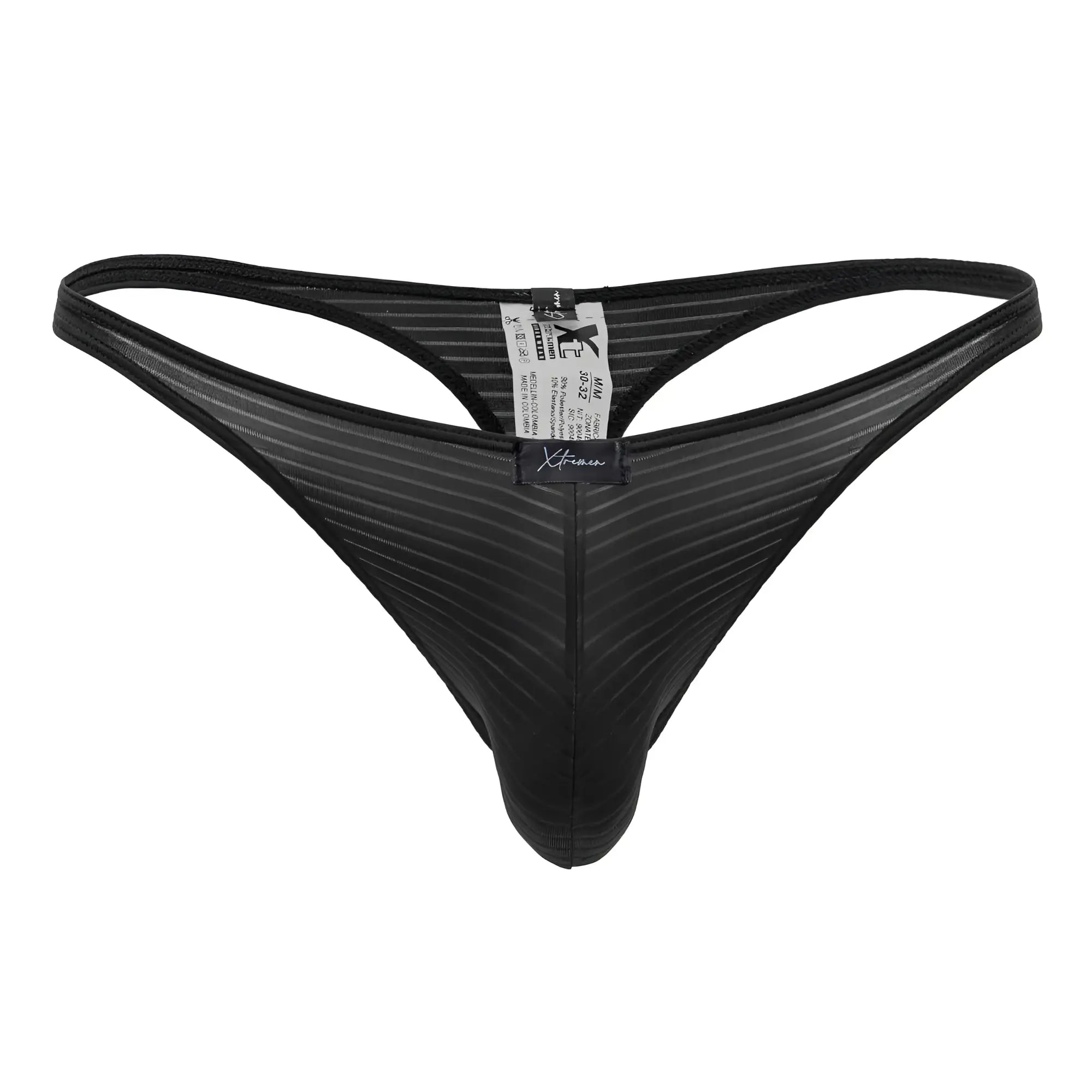 Xtremen 91198 jacquard thong in black mesh with ribbed texture and branded label shown from the back side