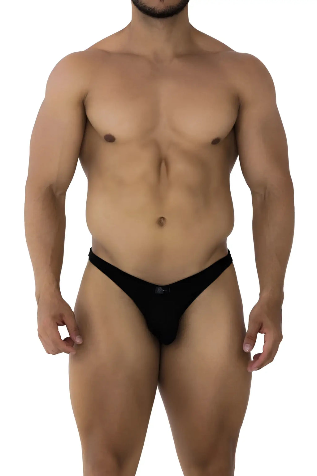 Black xtremen 91198 jacquard thong with a small logo on the front made of jacquard fabric
