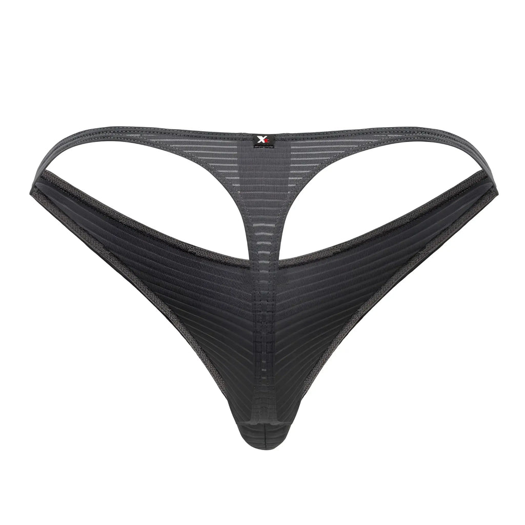 Black mesh xtremen 91198 jacquard thong in gray with ribbed texture and small red logo on the back side