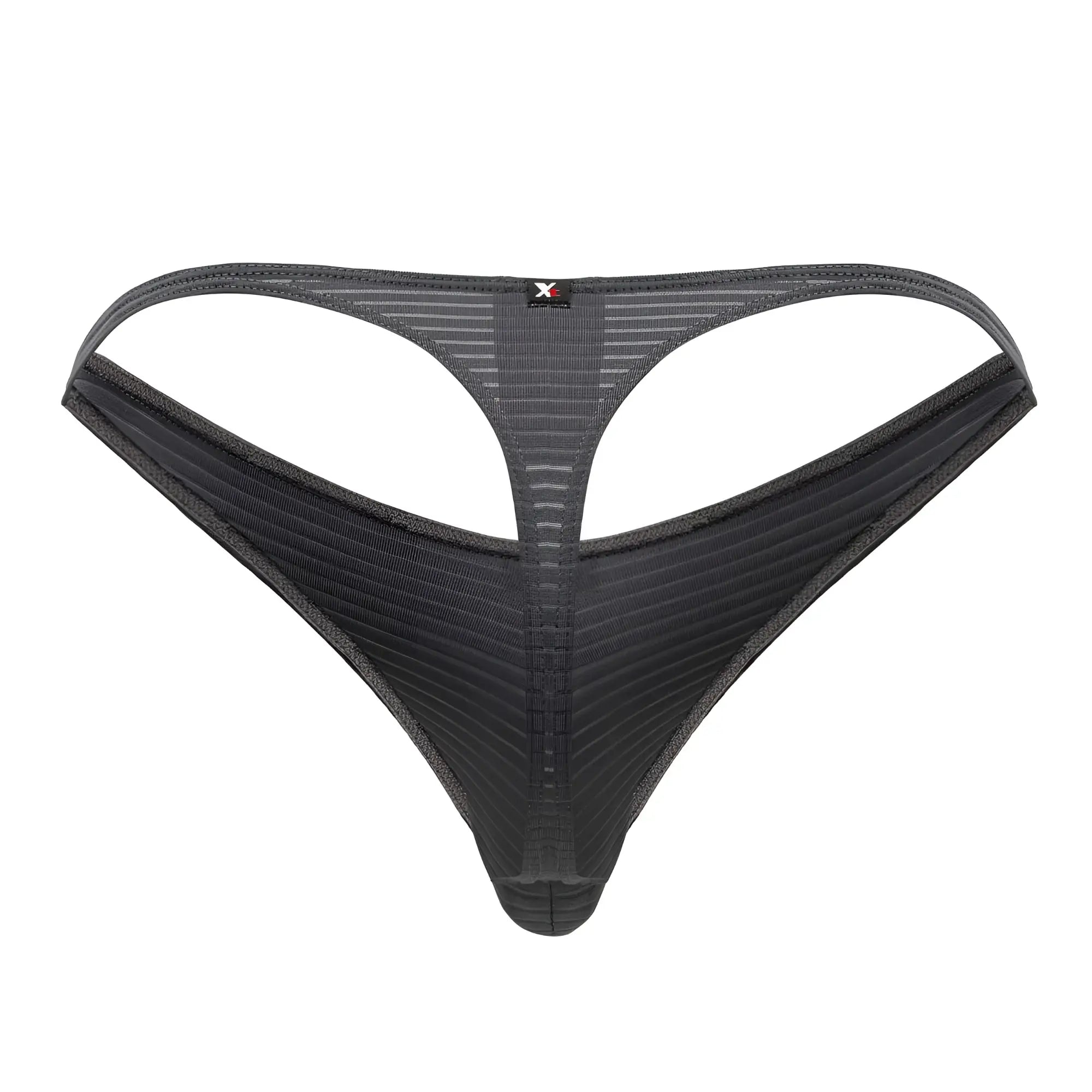 Black mesh xtremen 91198 jacquard thong in gray with ribbed texture and small red logo on the back side