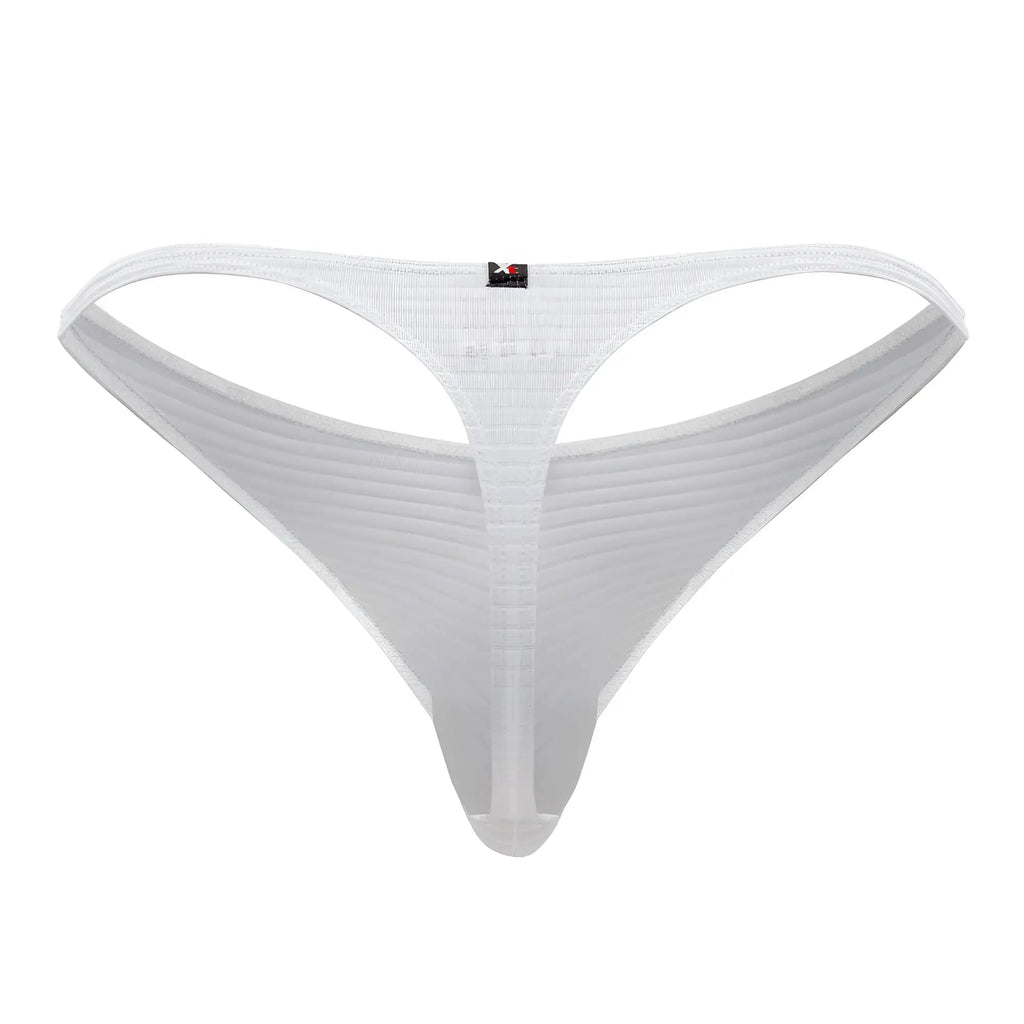 White xtremen 91198 jacquard thong back view featuring sheer ribbed mesh with a small black logo tag