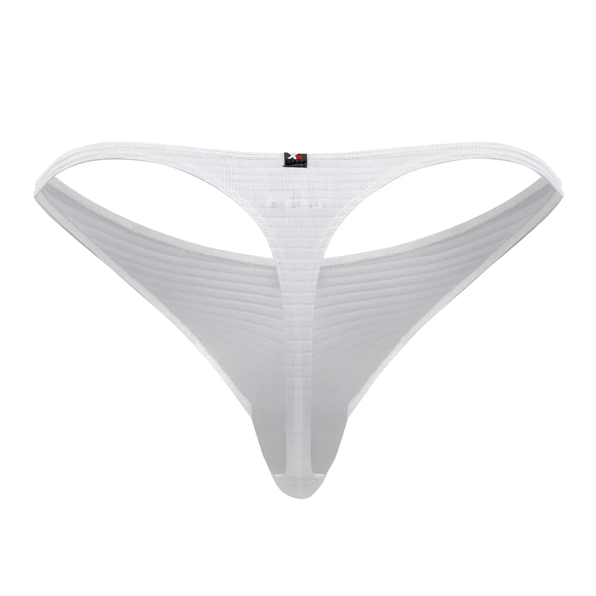 White xtremen 91198 jacquard thong back view featuring sheer ribbed mesh with a small black logo tag