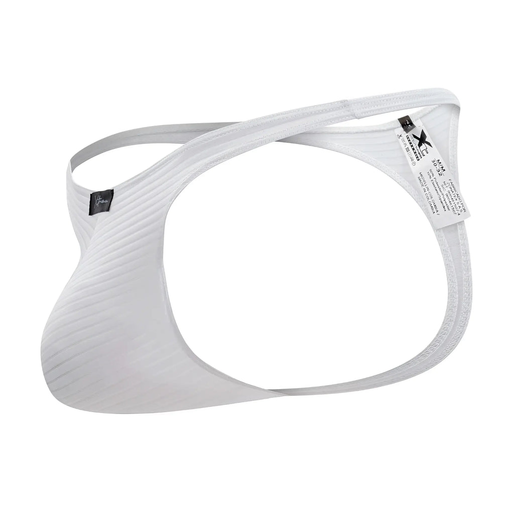 White xtremen 91198 jacquard thong with textured fabric jockstrap, contoured design, and adjustable straps