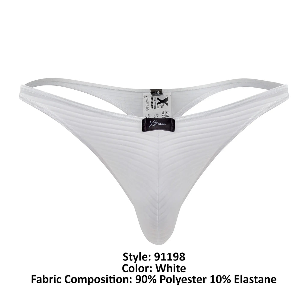 White xtremen 91198 jacquard thong showing subtle ribbed texture and black brand tag on the back side