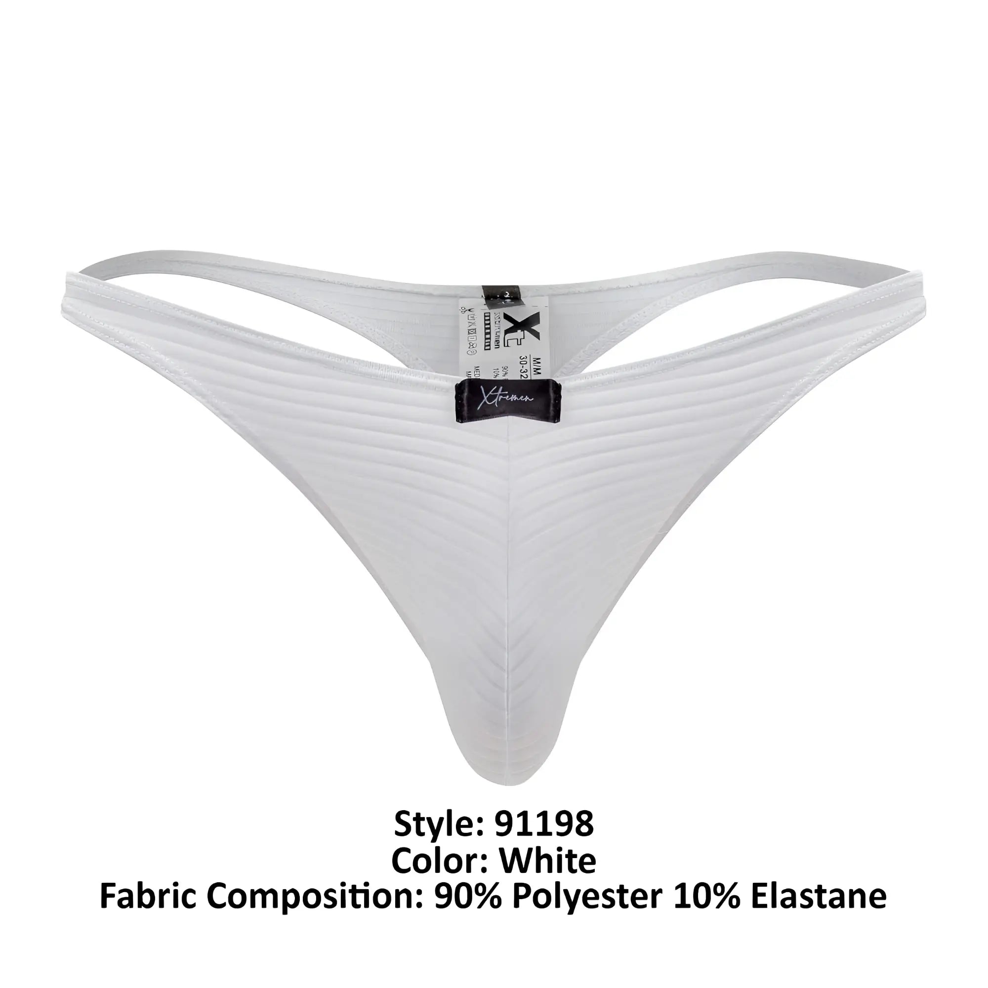 White xtremen 91198 jacquard thong showing subtle ribbed texture and black brand tag on the back side