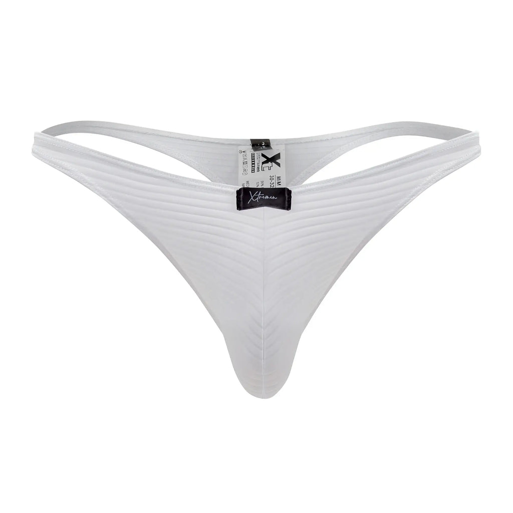 White xtremen 91198 jacquard thong with subtle vertical ribbing and black brand tag at the center front