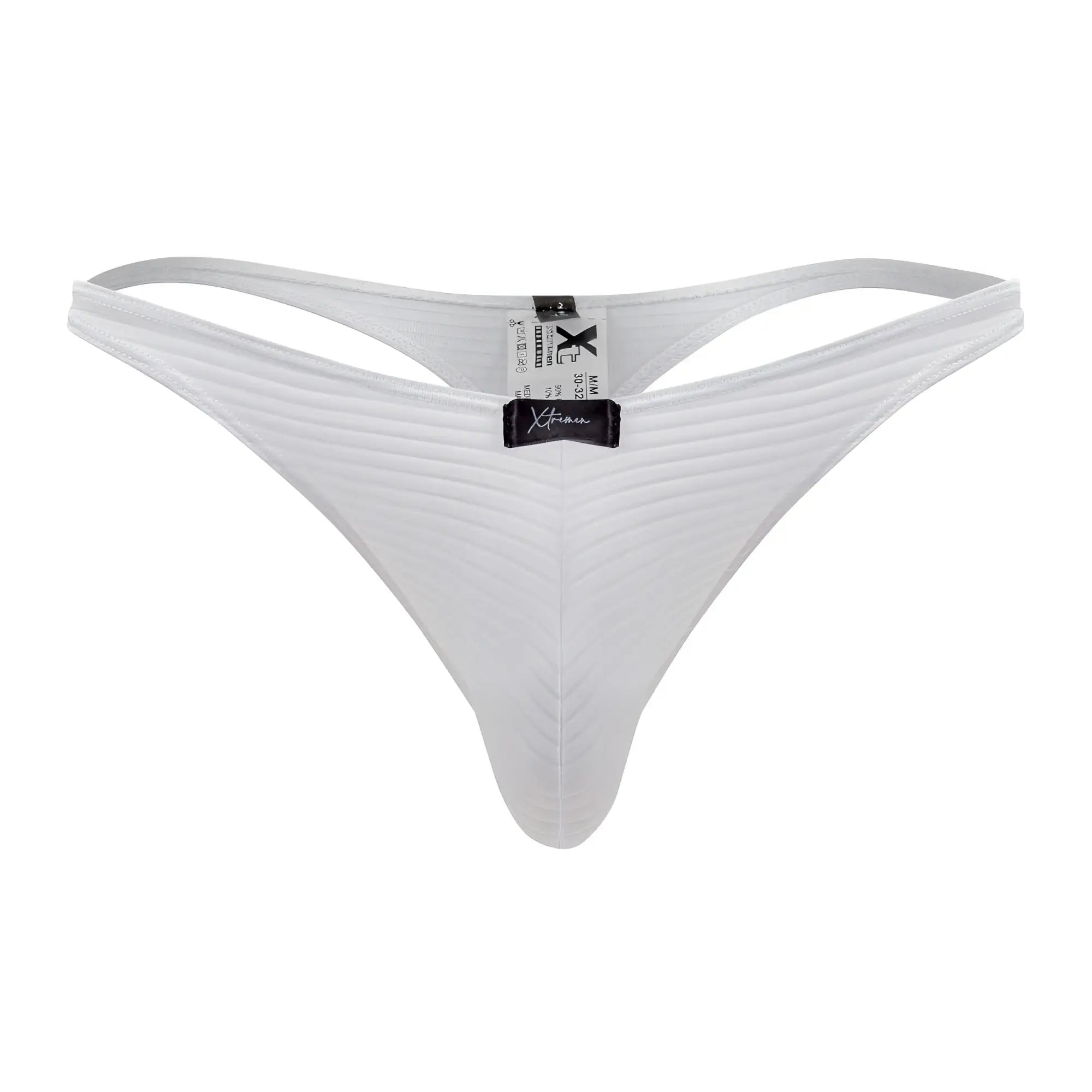 White xtremen 91198 jacquard thong with subtle vertical ribbing and black brand tag at the center front